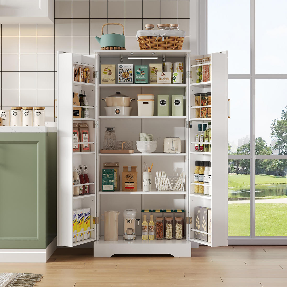 BUFFET aus MDF 60x35x128 cm Weiß mit LED-Sensorleuchte, verstellbaren Ablagen und platzsparendem Stauraum - Weiß, Holzwerkstoff (60/128/35cm) - Modfu