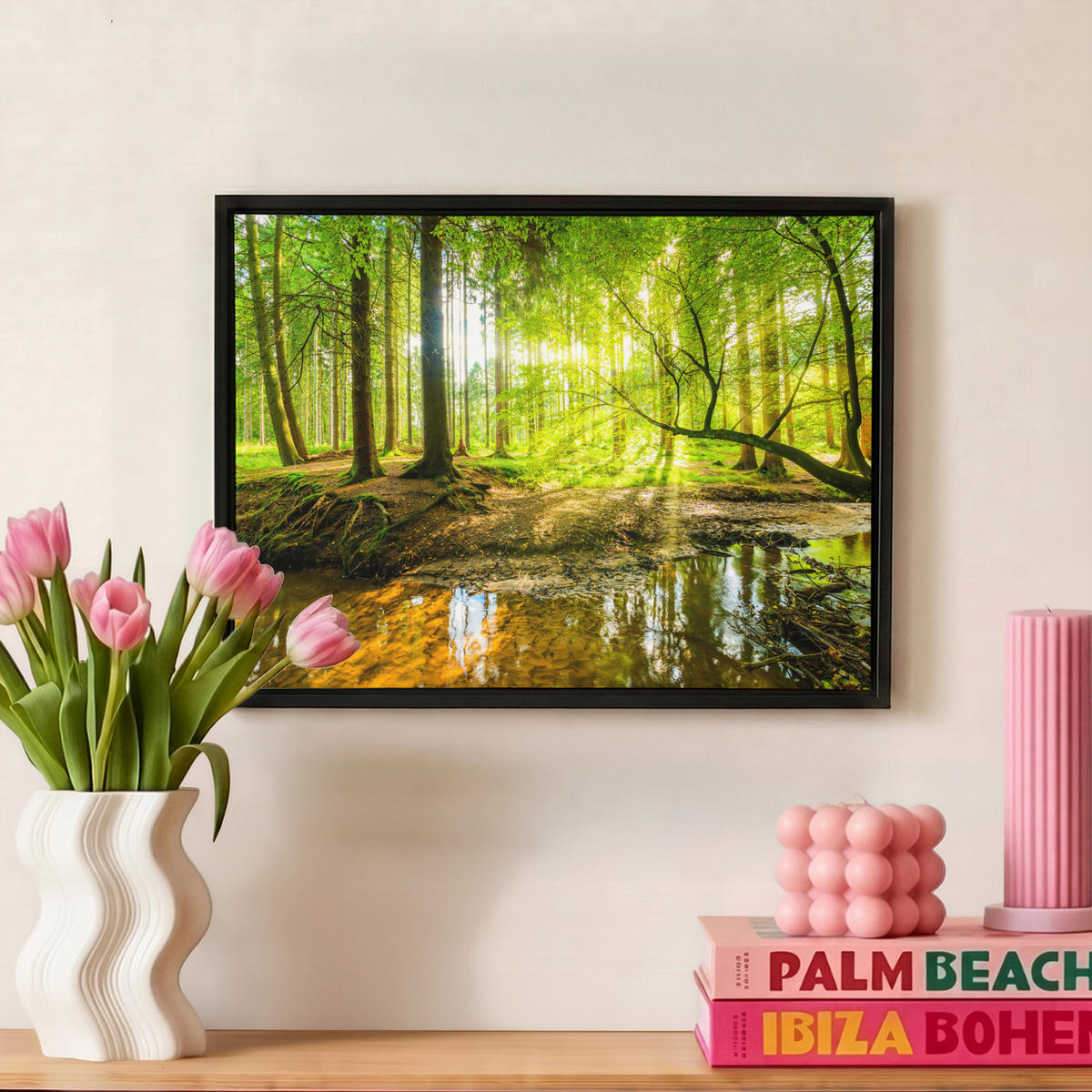 LEINWAND Bilder mit Rahmen - Wald - Landschaft - Wasser - Bäume - Sonne - Grün - Natur - 40x30 - Grün, Textil (40/30cm) - MuchoWow