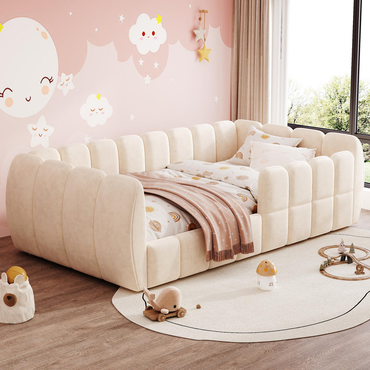 POLSTERBETT 90/200 cm in Beige Samt mit abgerundeten Ecken - Beige, Holzwerkstoff/Textil (90/200cm) - WISHDOR