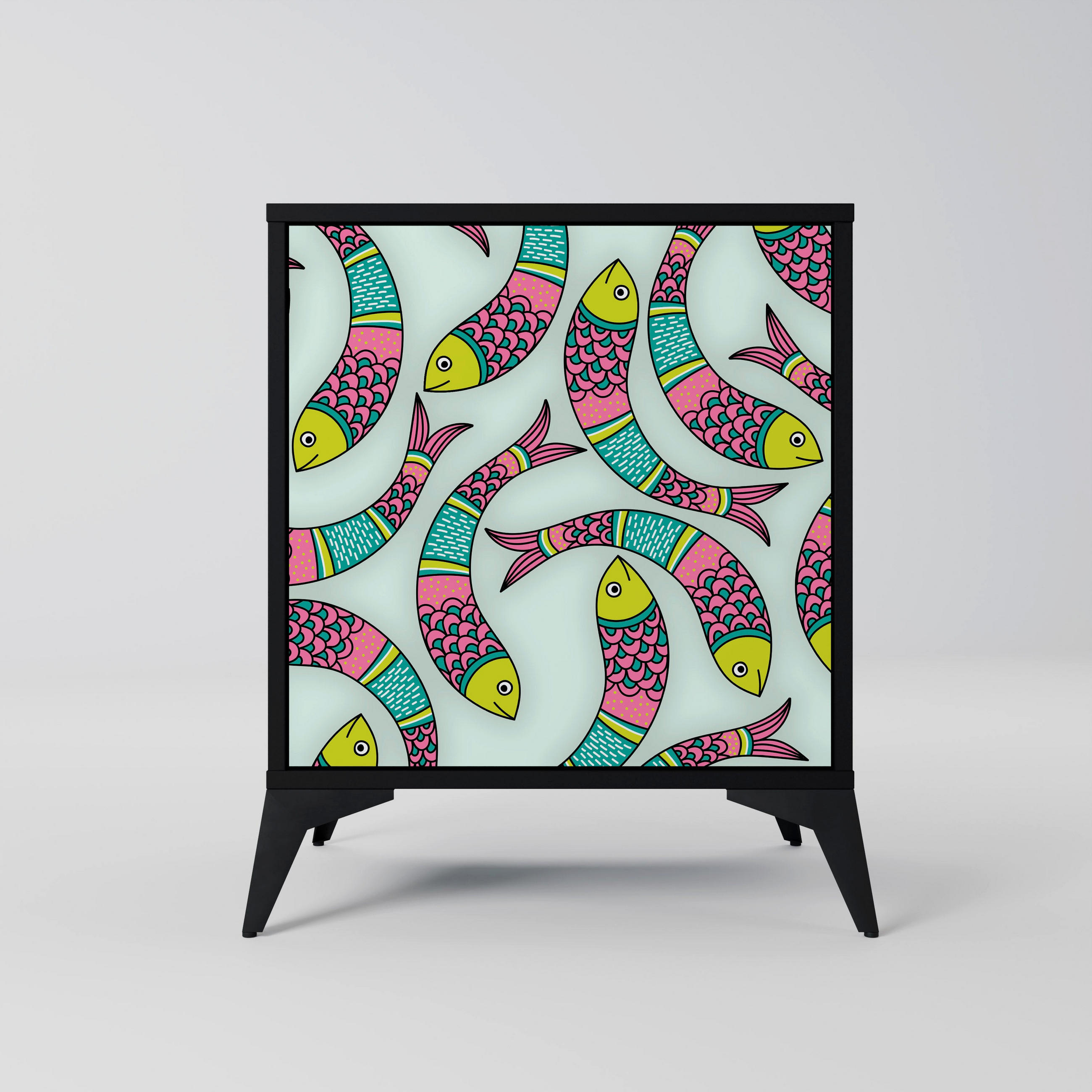 SIDEBOARD INDIAN FISH, Schwarz, 57,5x42x70,5 cm, Schwarze Metall-Sternfüße - Multicolor/Schwarz, Holzwerkstoff/Metall (57.5/70.5/42cm) - SpaceRebels