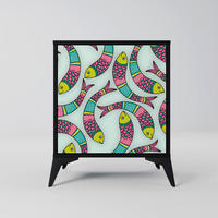 SIDEBOARD INDIAN FISH, Schwarz, 57,5x42x70,5 cm, Schwarze Metall-Sternfüße - Multicolor/Schwarz, Holzwerkstoff/Metall (57.5/70.5/42cm) - SpaceRebels