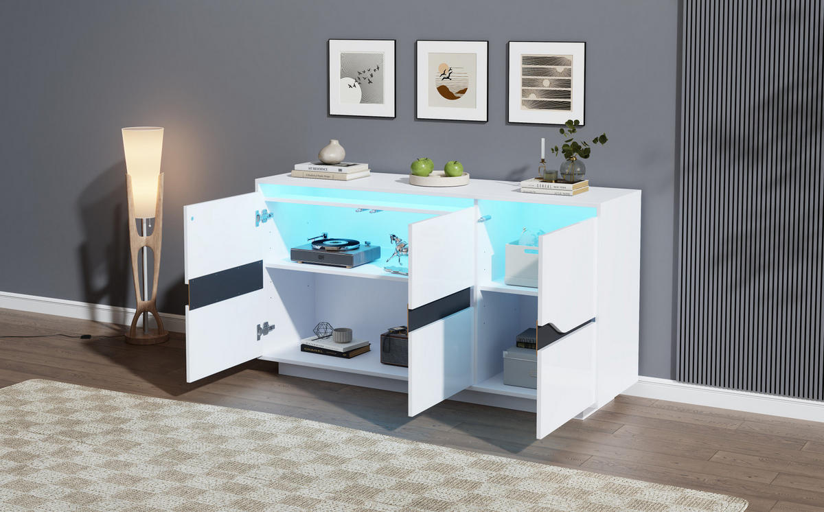 SIDEBOARD aus Spanplatte 140x40x70 cm Weiß/Schwarz mit LED-Beleuchtung und 3 Türen - Weiß, Holzwerkstoff (140/70/40cm) - IVMEU