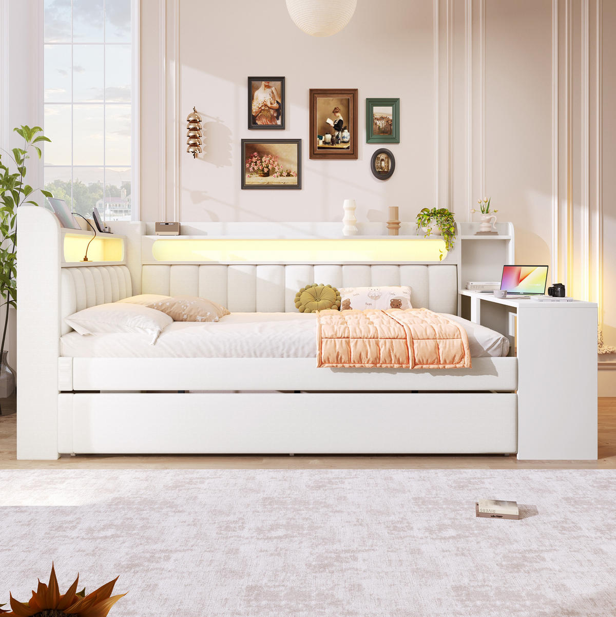 KREVET 140/200 cm s LED osvjetljenjem, USB priključkom, izvlačnim krevetom i radnim stolom, Bijela - bijela, drvni materijal (140/200cm) - Redom