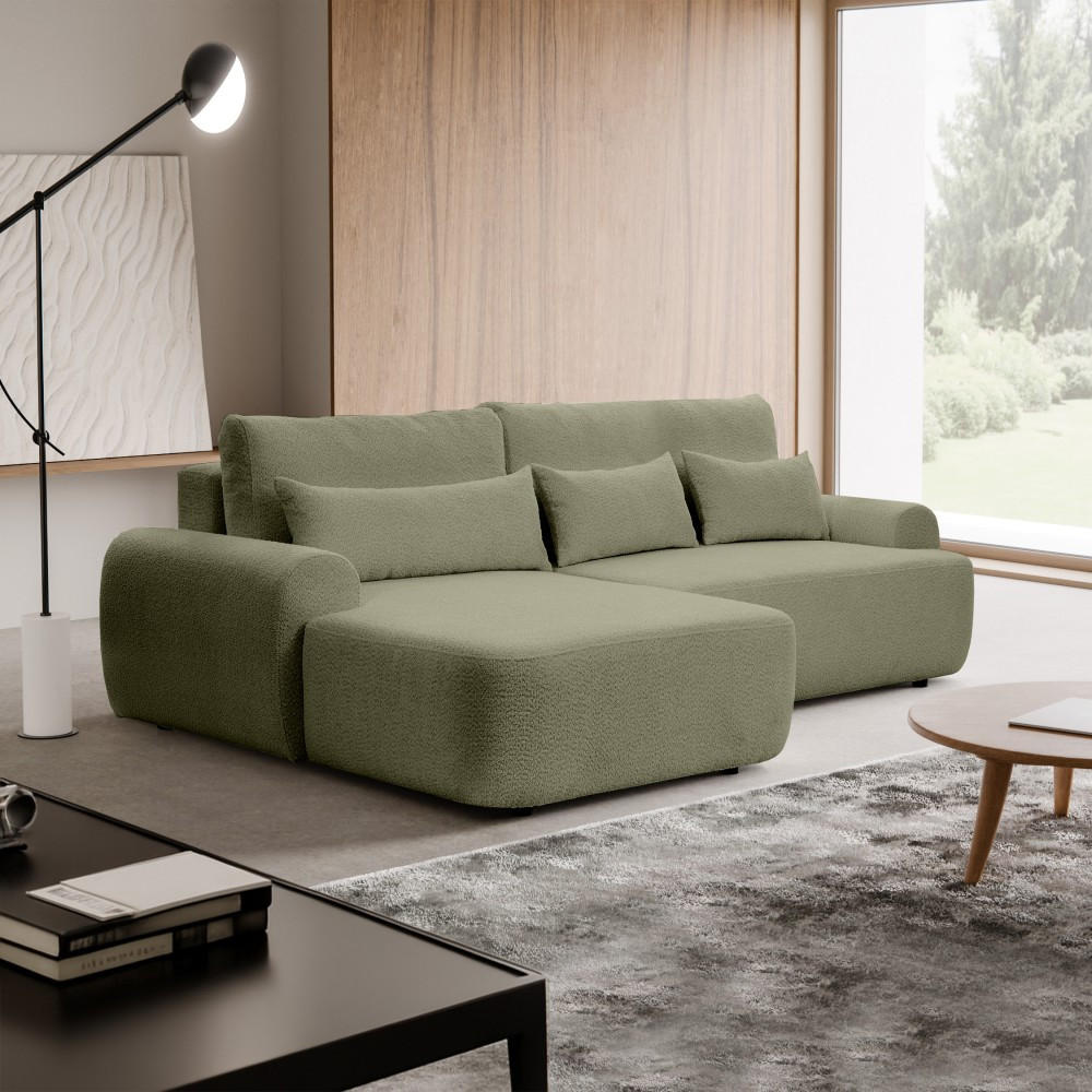 ECKSCHLAFSOFA Oliver im Bouclé-Gewebe, Hellgrün, links - Schwarz/Hellgrün, Textil (266/160cm) - Beautysofa
