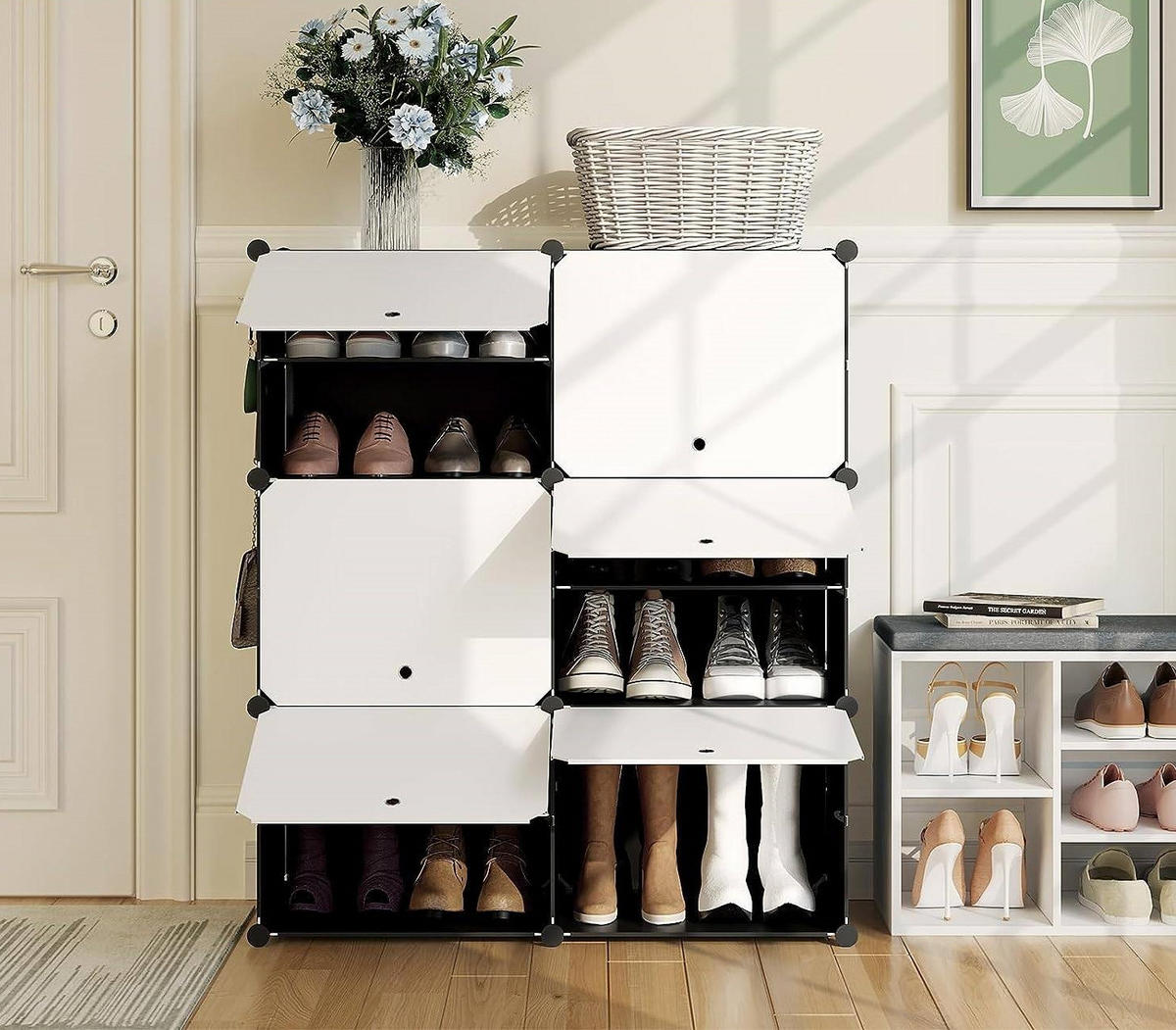 SCHUHREGAL mit 6 Fächern, Schwarz+Weiß - Schwarz/Weiß, Kunststoff/Metall (94/109/35cm) - Woltu
