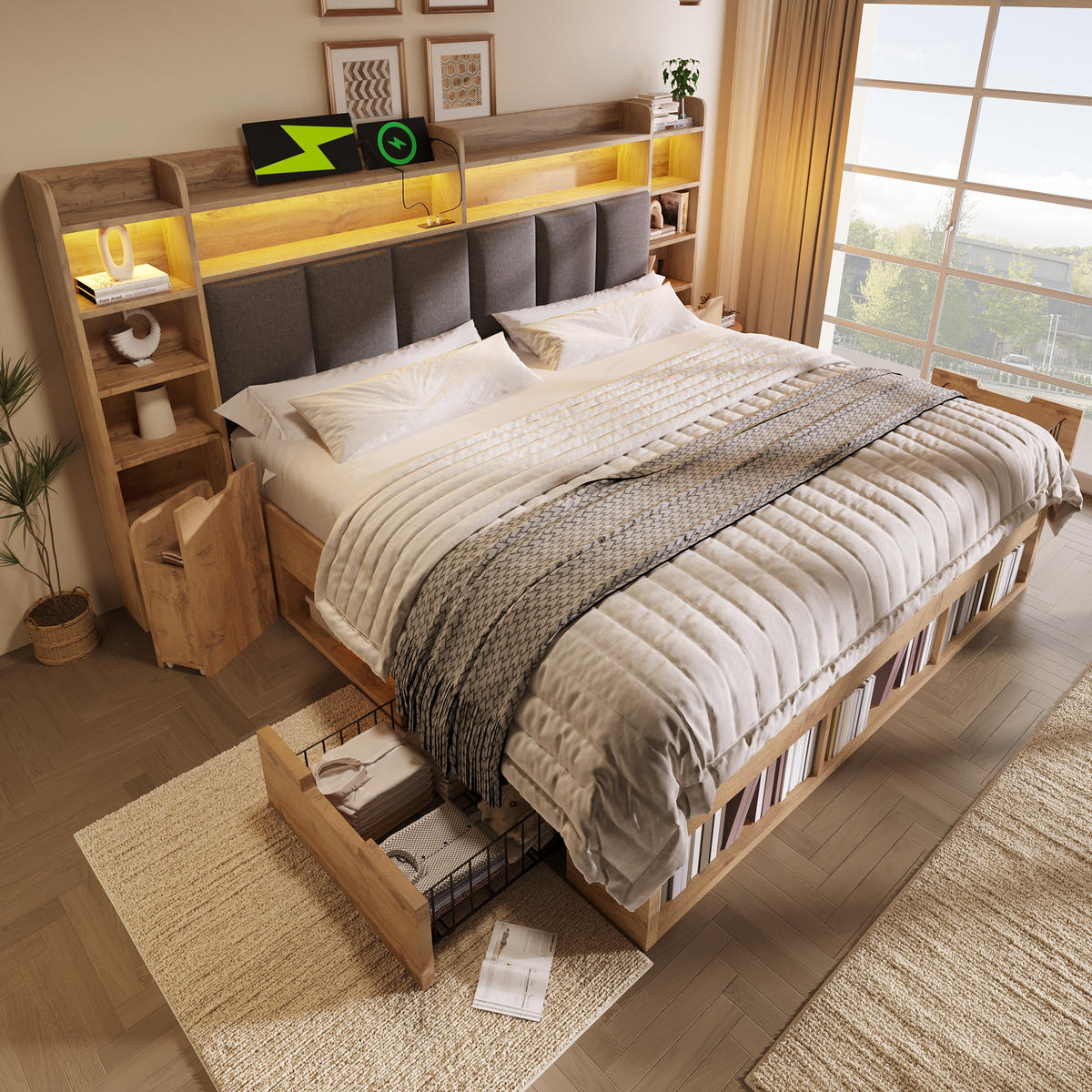 BETT 180/200 cm in Eichefarben mit Schubladen, Regal, LED, USB und Type-C Holzoptik - Eichefarben/Grau, Holzwerkstoff/Textil (180/200cm) - STILVORA