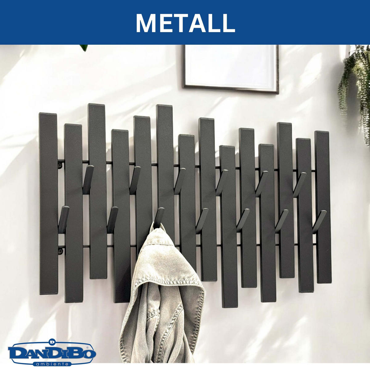 WANDGARDEROBE Schwarz Metall mit 13 Haken - Schwarz, Metall (58/38/6cm) - DanDiBo