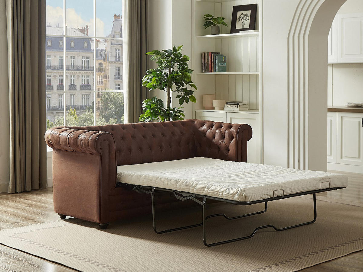 SOFA mit Schlaffunktion 3-Sitzer - Mikrofaser - Vintage-Leder-Optik - CHESTERFIELD - Braun, Textil (204/85/89cm) - Vente-Unique