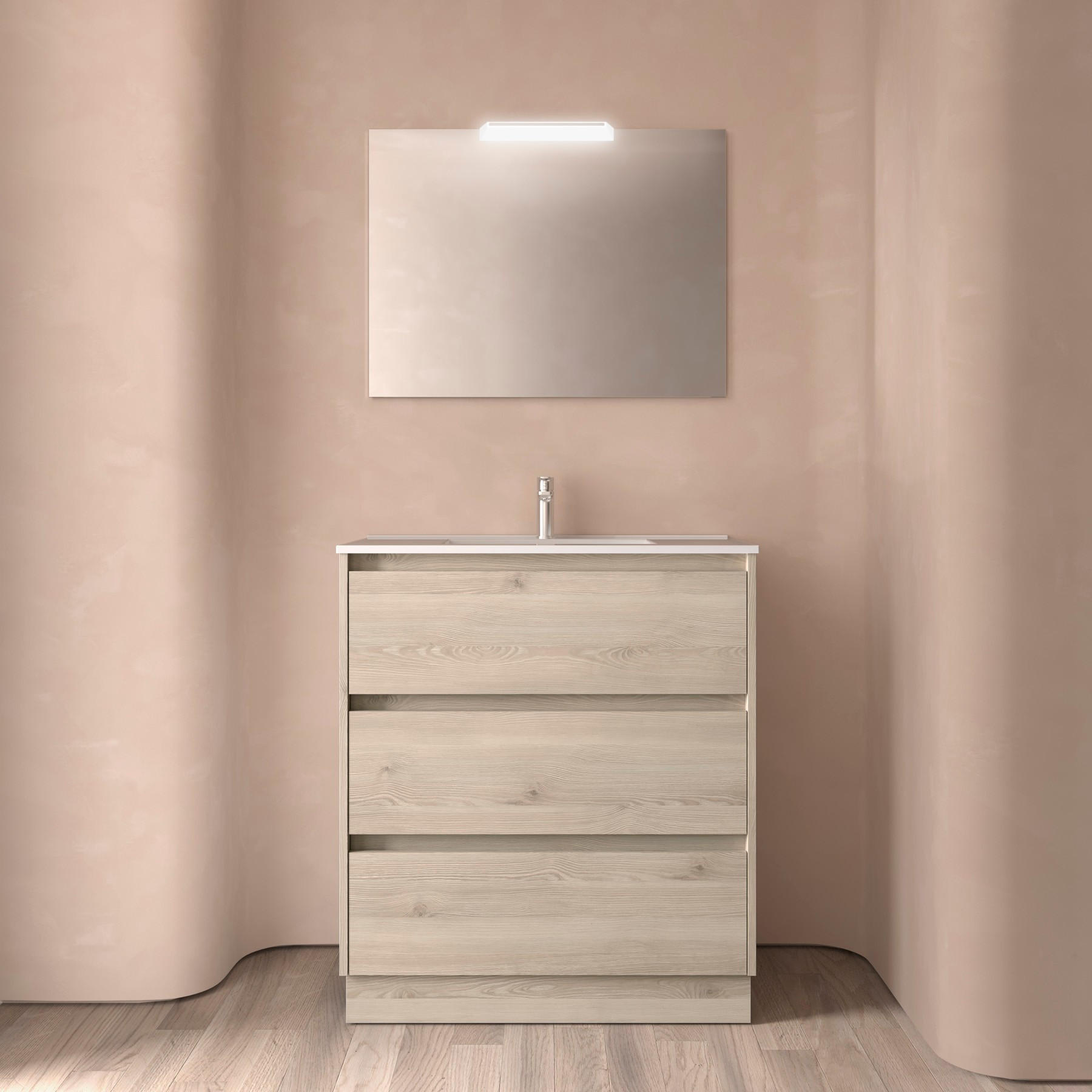 BADEZIMMERMÖBEL NOJA 800 3 Schubladen NATURAL + Waschtisch + Spiegel - Schwarz, Metall (45/81/80cm) - Salgar