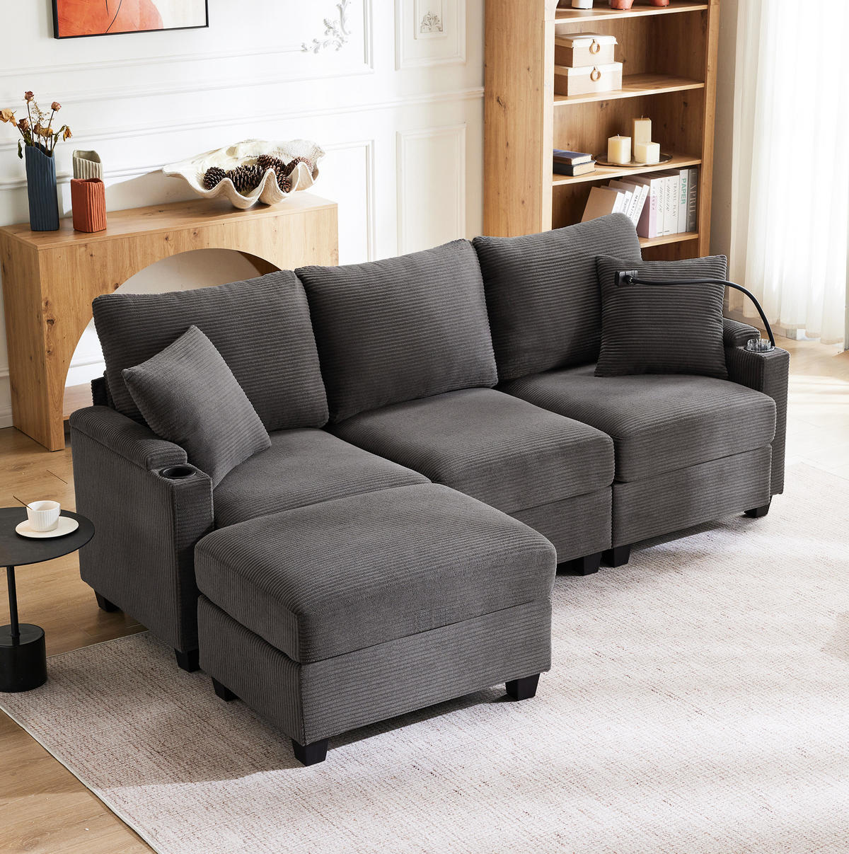 ECKSOFA 213,5/139/87 cm dunkelgrau aus Cord mit Hocker und USB - Dunkelgrau, Textil (139/213.5cm) - OKWISH