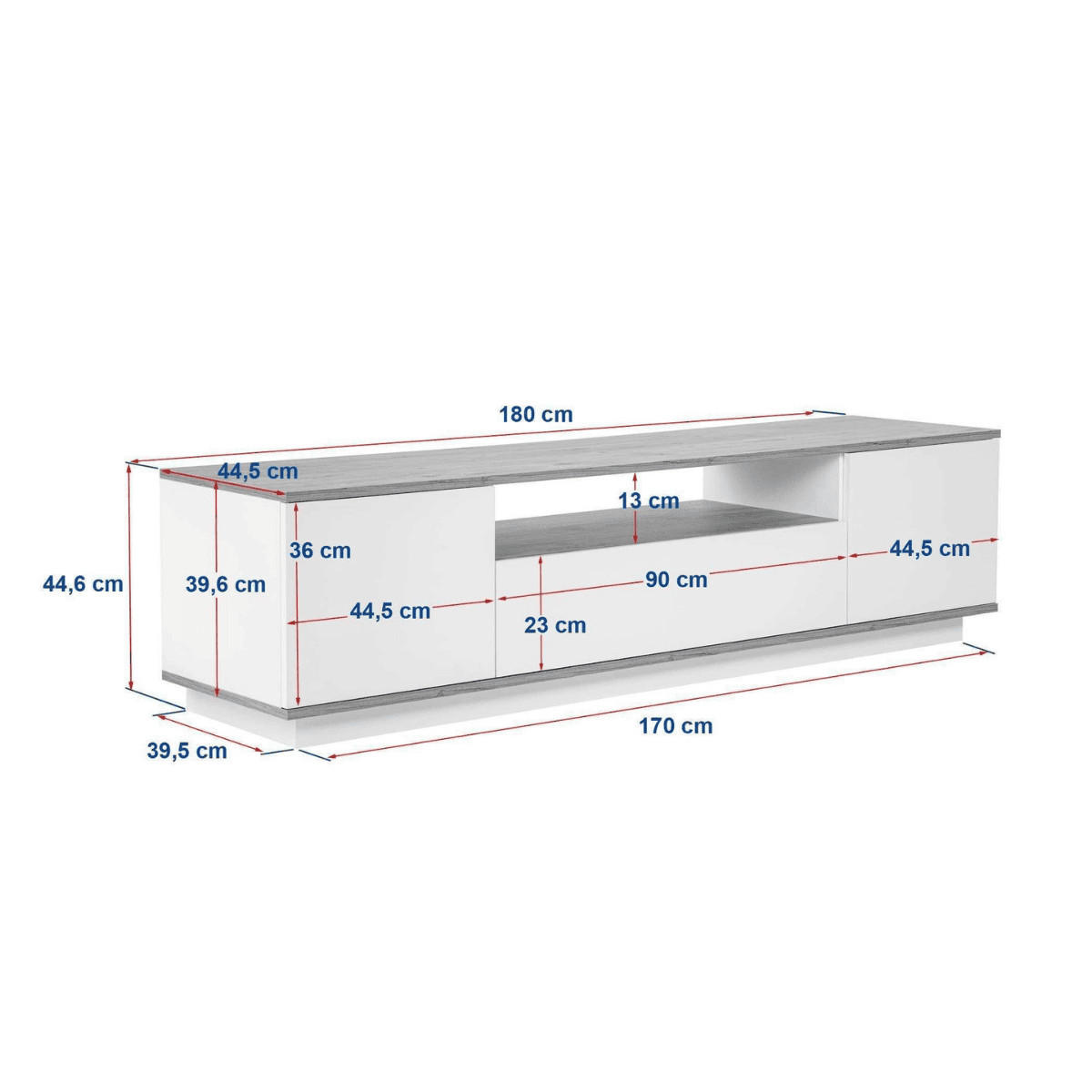 TV furniture with 3 folding doors and 1 niche, L180 cm - Weiß, Holzwerkstoff (44.5/44.6/12cm) - Calicosy