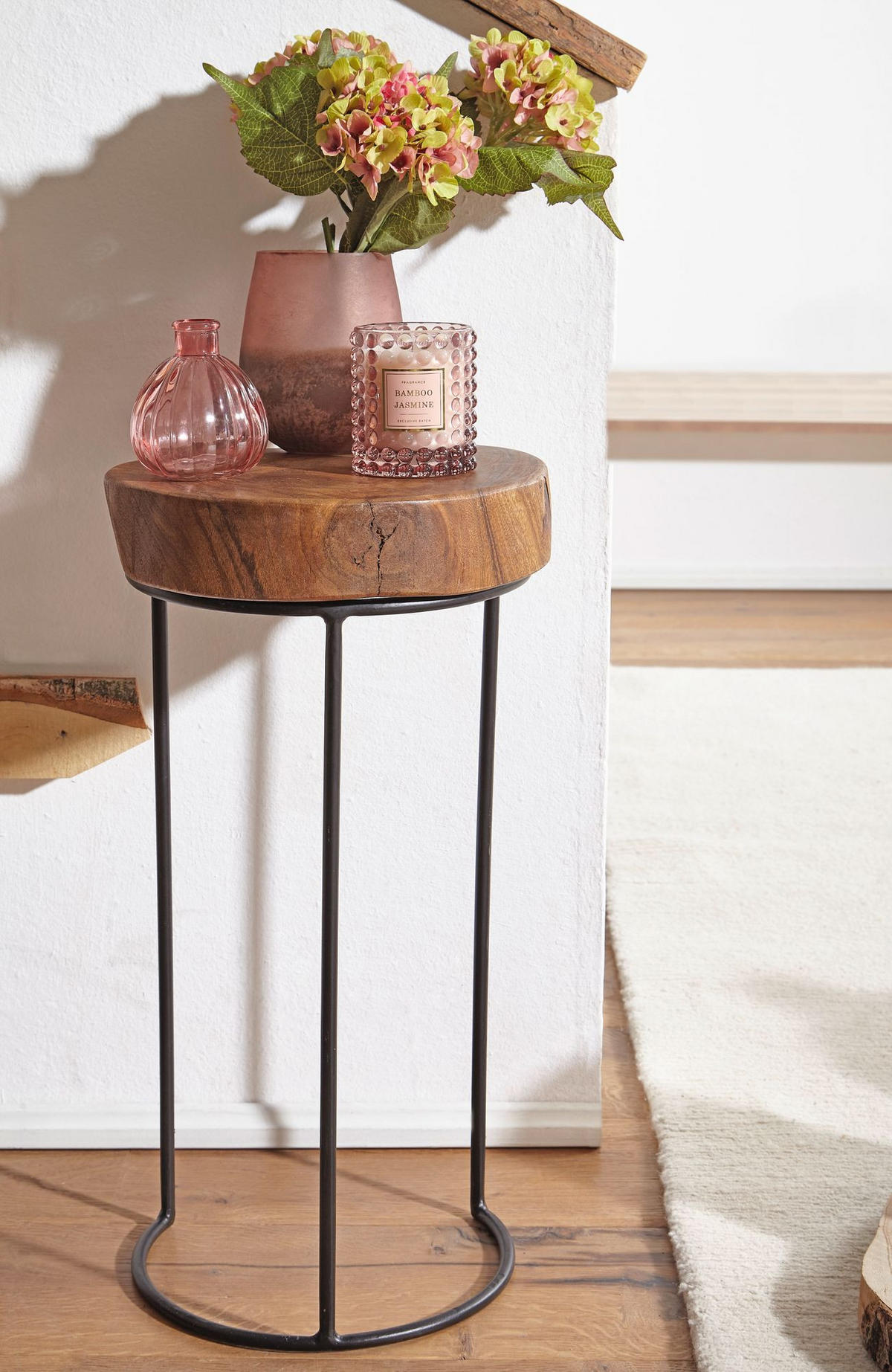 BEISTELLTISCH Massivholz Metallgestell Baumstammplatte Landhausstil INDI, Braun 28x28x55 cm - Schwarz/Braun, Holz/Metall (28/28/55cm) - KADIMA DESIGN