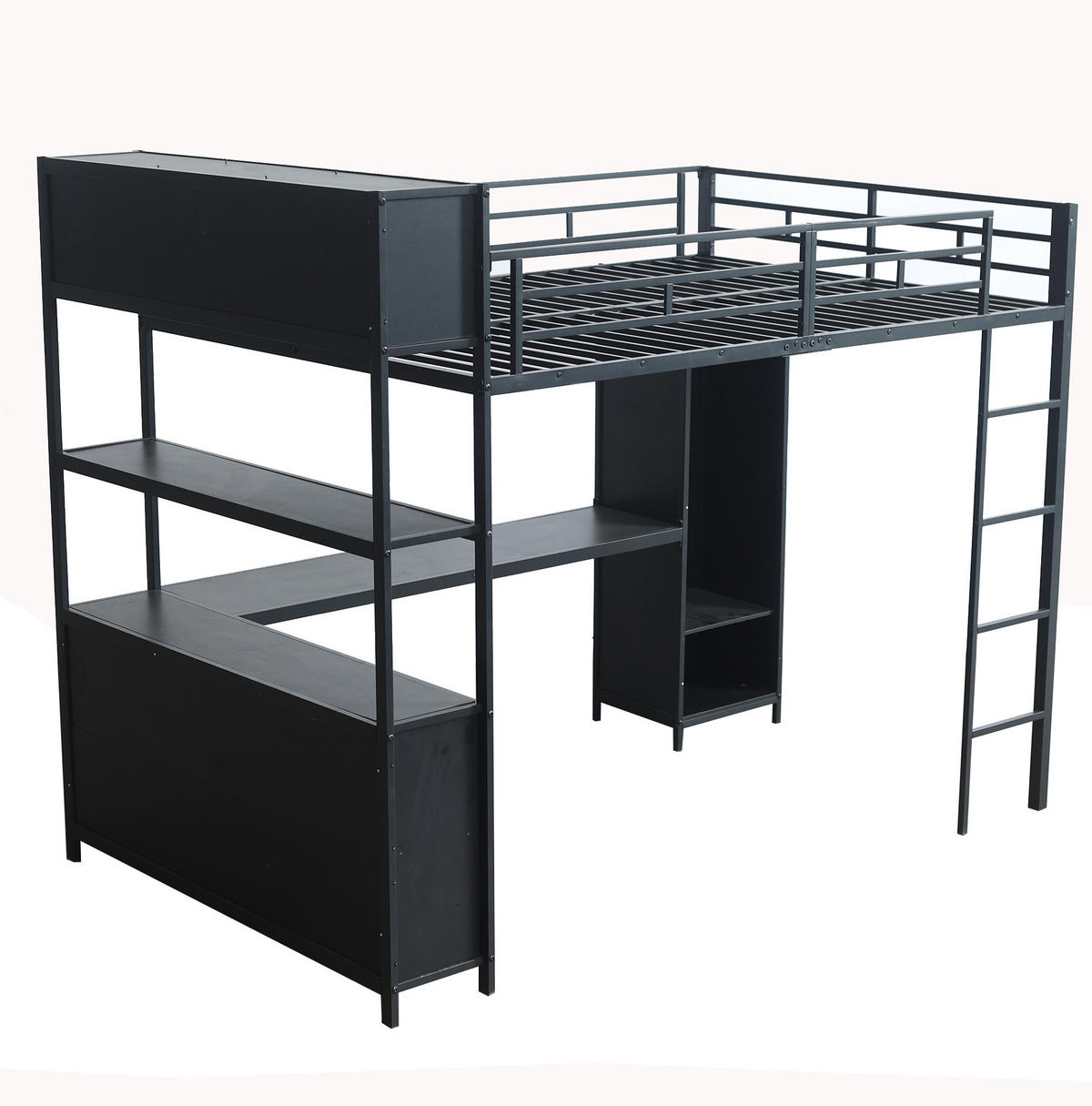 HOCHBETT 140/200 cm aus Metall und Holzwerkstoff mit Schreibtisch und Kleiderschrank - Schwarz, Metall (90/200cm) - Flora Grace