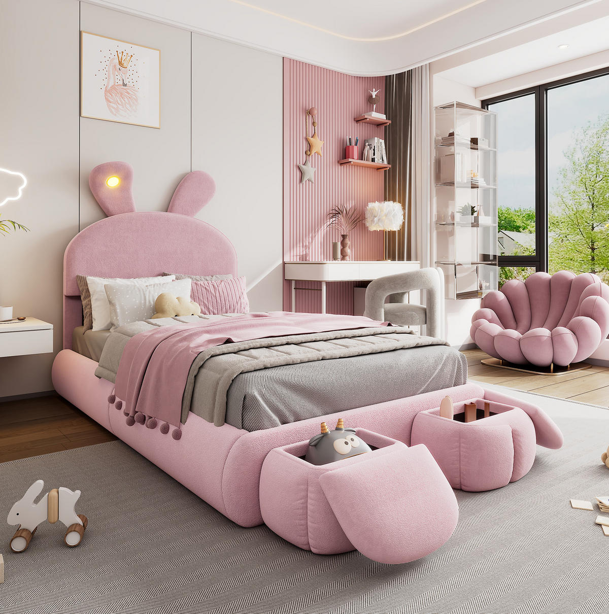 POLSTERBETT 90/200 cm Rosa mit LED-Beleuchtung und 2 Aufbewahrungshockern - Rosa, Textil (90/200cm) - Flora Grace