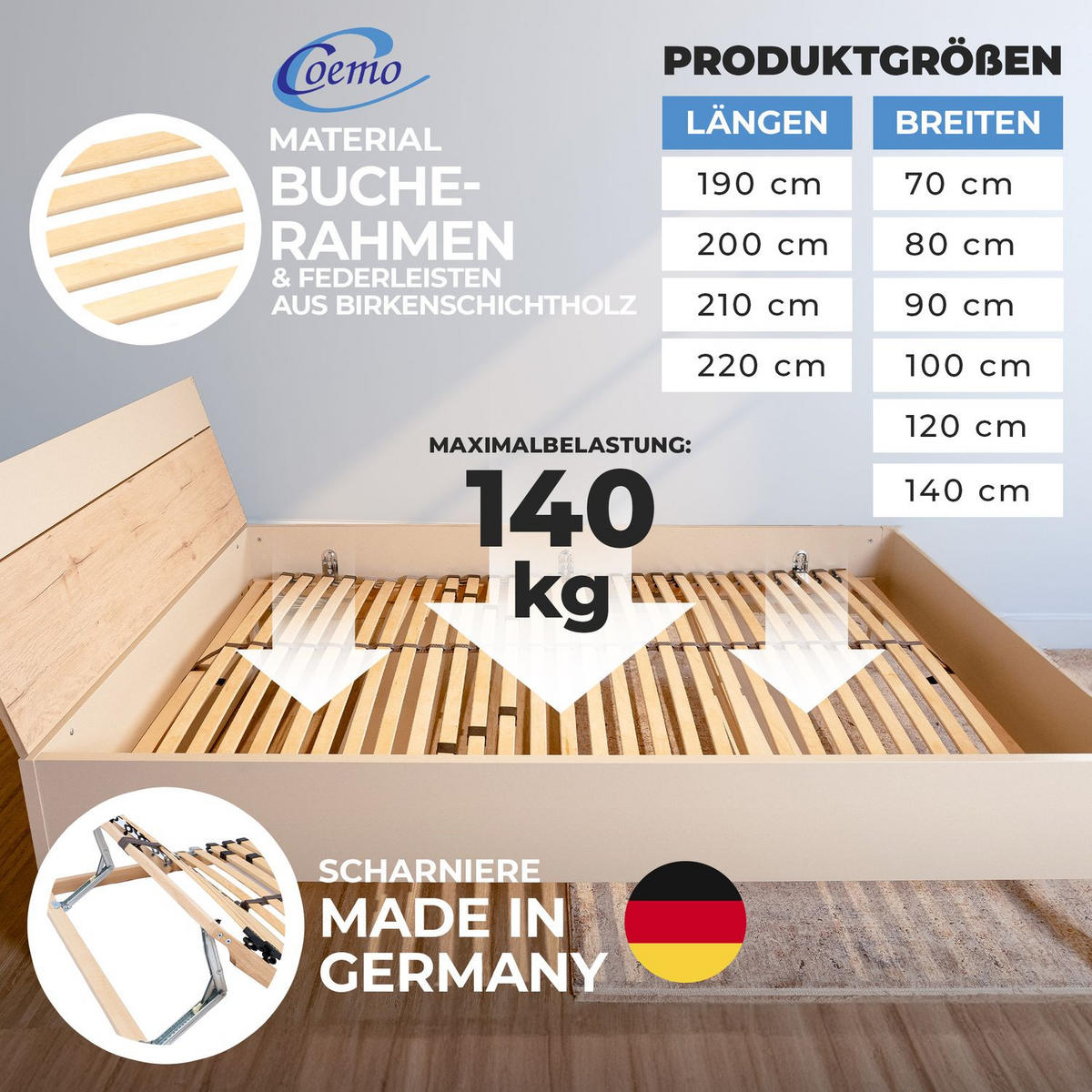 LATTENROST ERGO K 120x200 cm Kopfteil verstellbar - Naturfarben, Holz (120/200cm) - Coemo