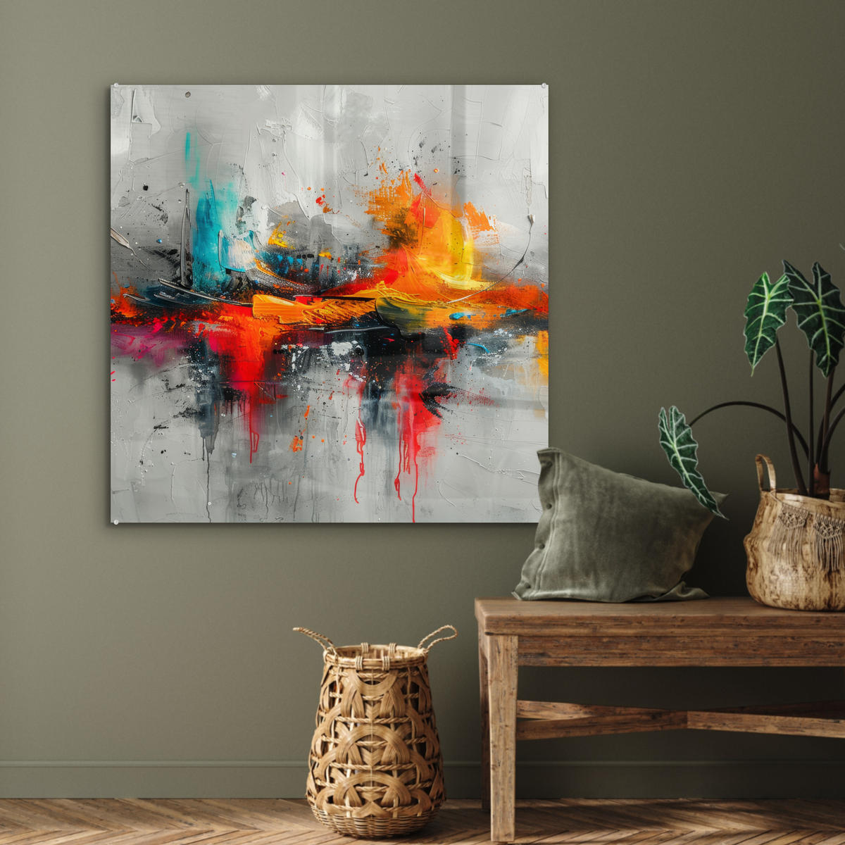 ACRYLGLASBILD Moderne Kunst - Orange - Grau - Abstrakt 90x90 cm - Hellgrau, Glas (90/90cm) - MuchoWow