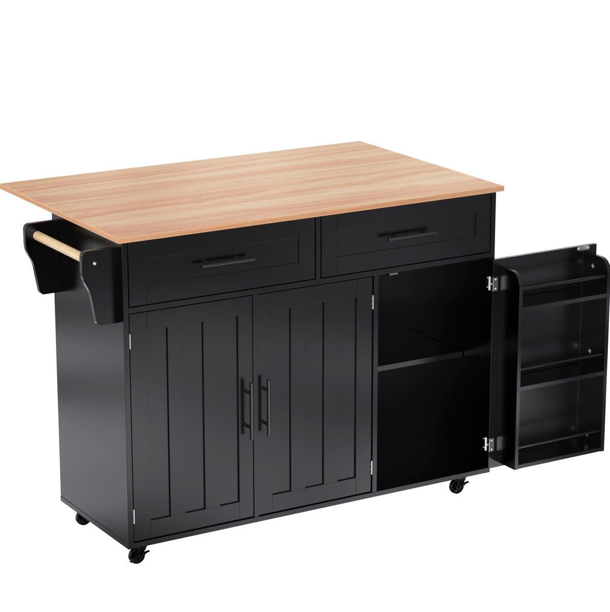 KÜCHENINSEL 129/71/91,5 cm schwarz natur mit klappbarer Arbeitsplatte - Schwarz, Holzwerkstoff (129/91.5/71cm) - OKWISH