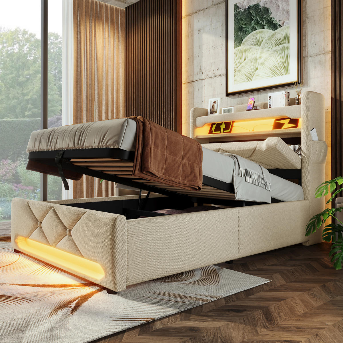 STAURAUMBETT 90/200 cm DE-00628, in Beige, Hydraulischem Bettkasten - Beige, Metall (90/200cm) - ComfortXL