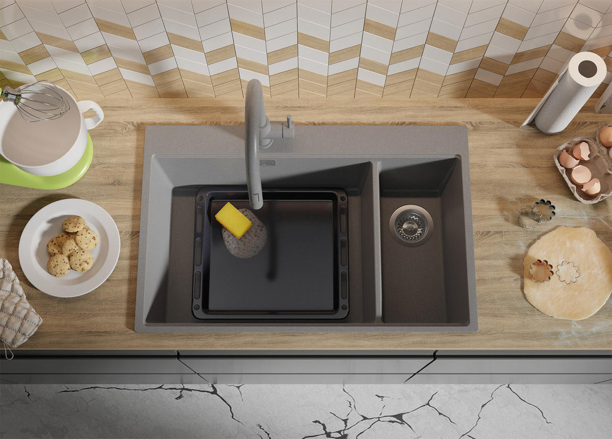SPÜLBECKEN Oslo Duo, 2-er set Grau 78/50 cm 2 Becken + Ablauf-Set + Schneidebrett ab 80er Unterschrank - Chromfarben/Beige, Kunststoff (78/20/50cm) - Primagran