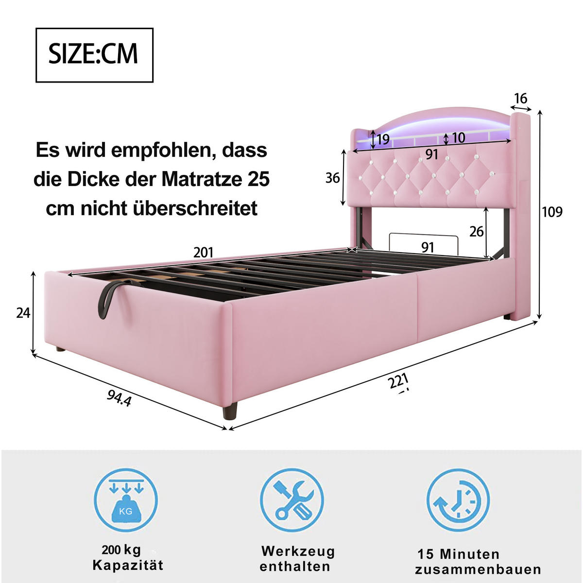 KINDERBETT 90/200 cm in Rosa Samt mit Stauraum, LED und USB - Rosa, Holzwerkstoff/Textil (90/200cm) - WISHDOR