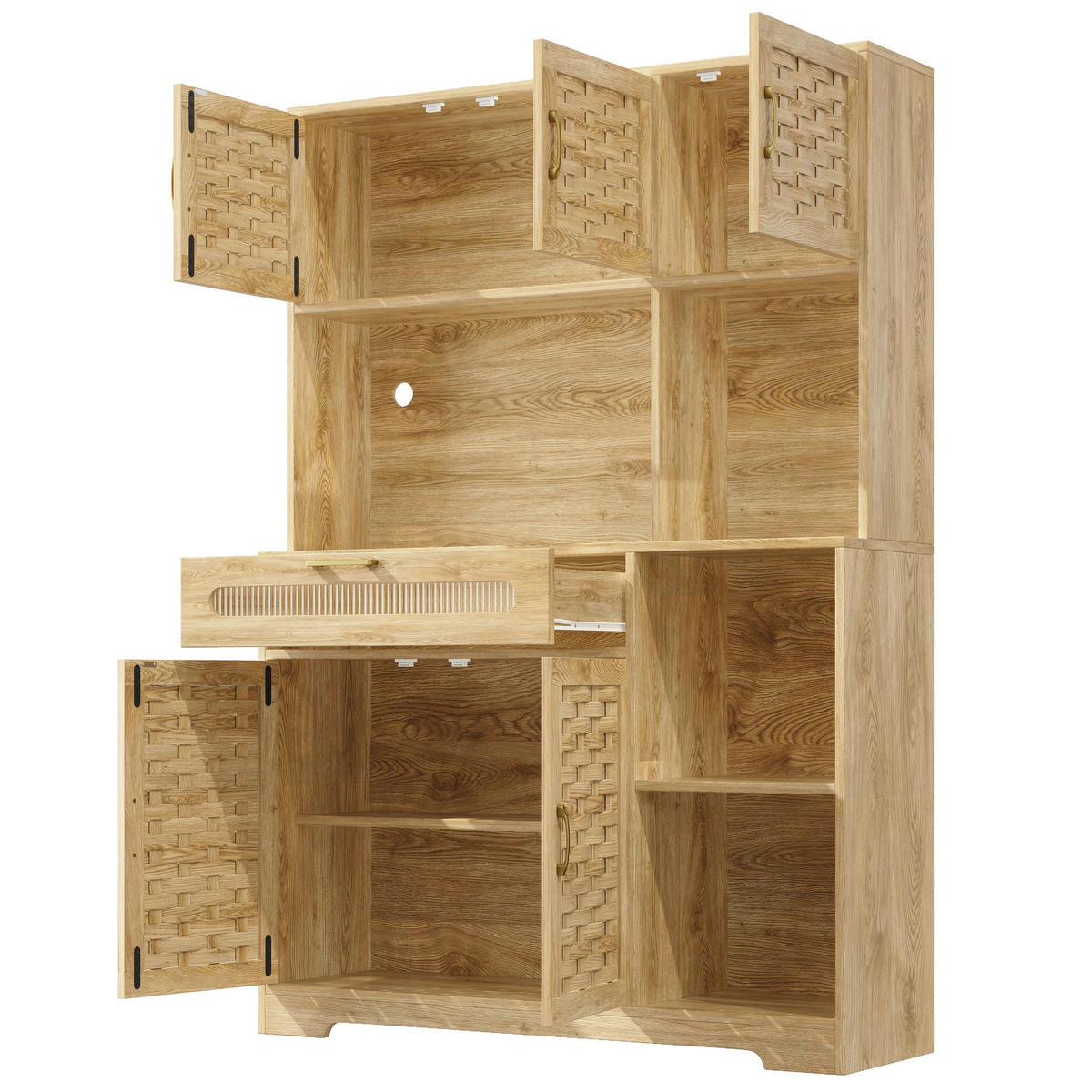 HOCHSCHRANK in MDF-Holzoptik mit geflochtenen Glasfronten, LED-App-Steuerung und USB, 120/40/180 cm, Naturfarben - Naturfarben, Holzwerkstoff (120/180/40cm) - Redom