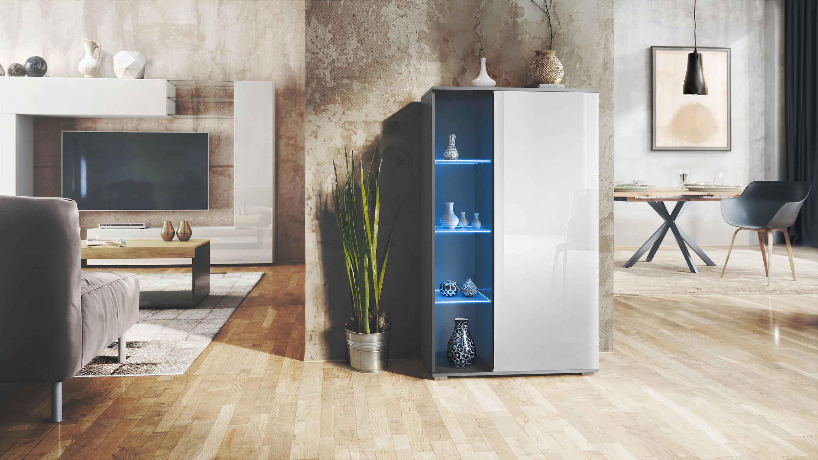 VITRINE Davos Weiß Hochglanz - Weiß Hochglanz, Holzwerkstoff (71.5/134/35cm) - Vladon