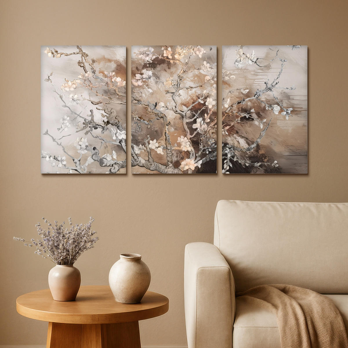 LEINWANDBILD 3er Set Mandelblüte - Abstrakt - Beige 120x60 cm - Beige, Textil (120/60cm) - MuchoWow