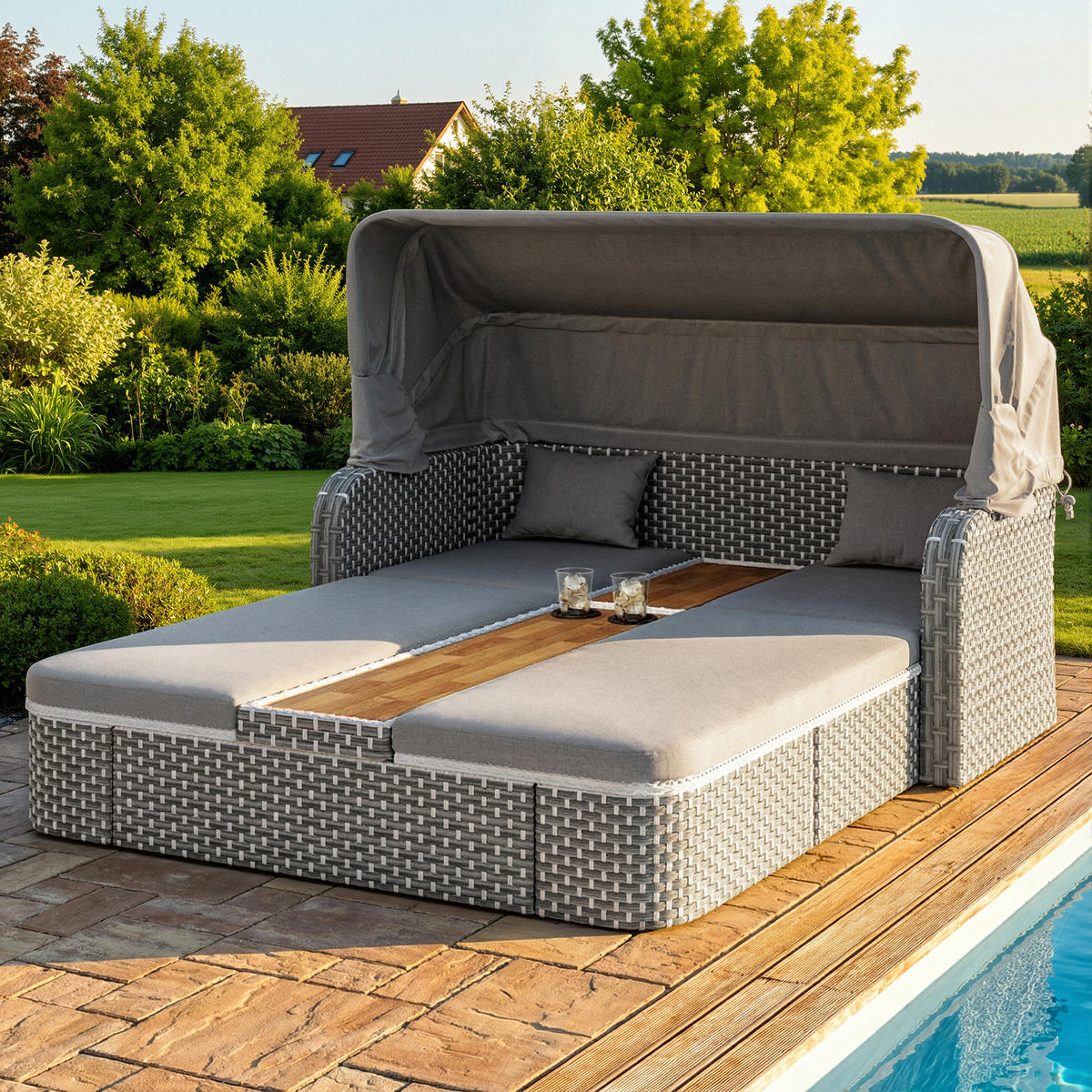 LOUNGESET Beige/Grau Mit Sonnenschutz & Pavillon - Grau, Textil (160/137/192cm) - FLIEKS