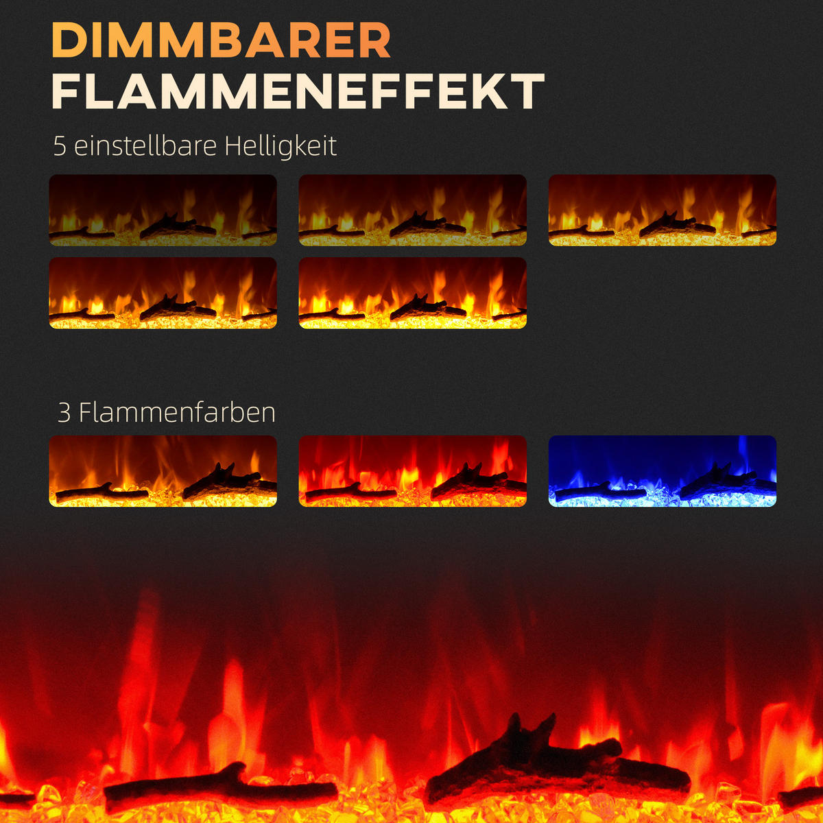 ELEKTROKAMIN mit LED Flammeneffekt,1800 W Wandkamin mit Kristalle, in 3 Farben - Schwarz, Metall (15.8/45/91.4cm) - HOMCOM