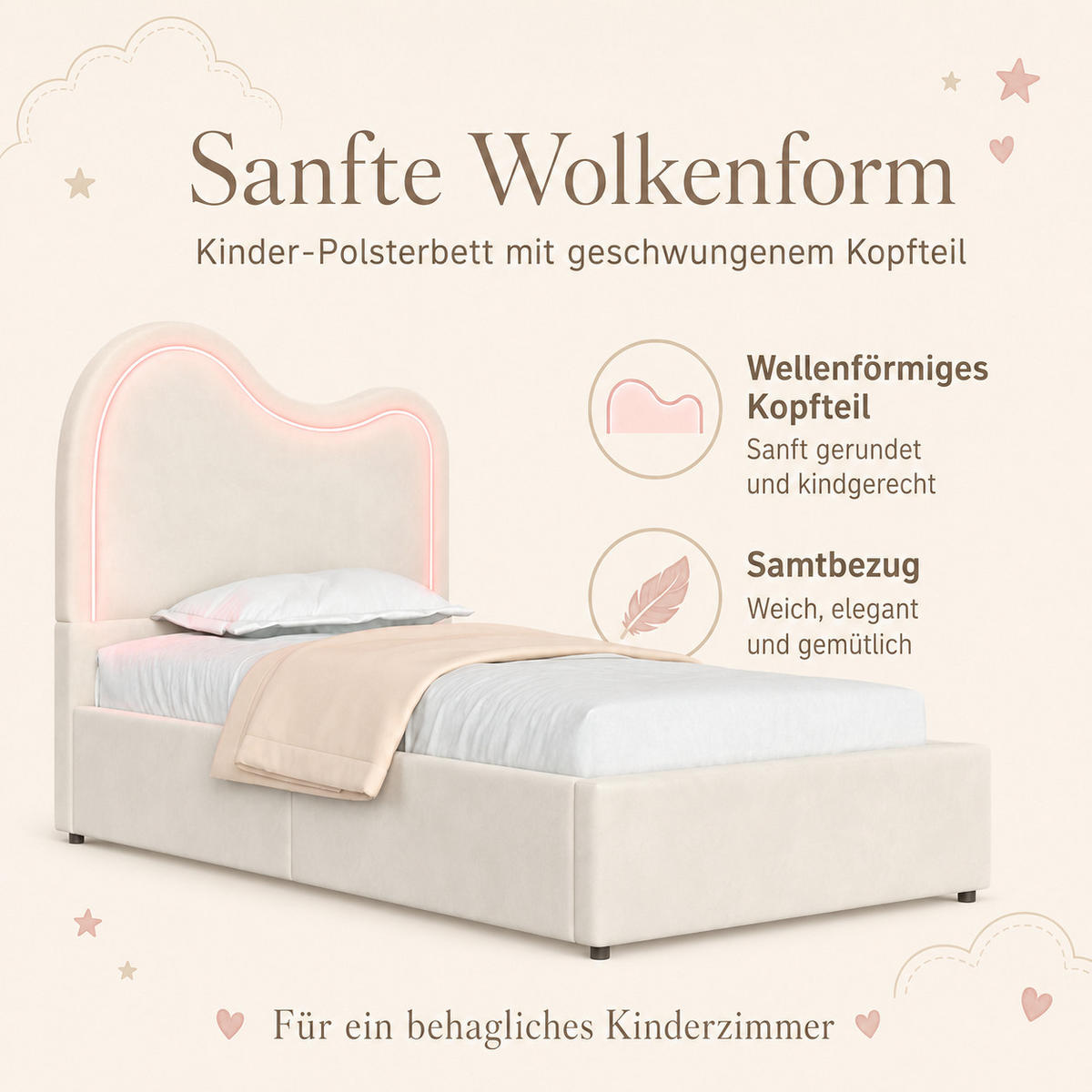 POLSTERBETT 90/200 mit Bettkasten, LED und Lattenrost in Beige - Beige, Holzwerkstoff/Textil (90/200cm) - EVRYAE