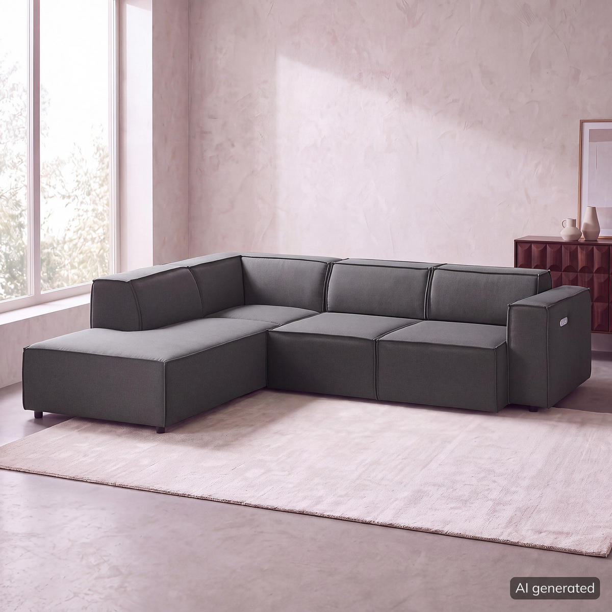 ECKSOFA mit Ottomane - Anthrazit/Schwarz, Kunststoff/Textil (260/234cm) - home24