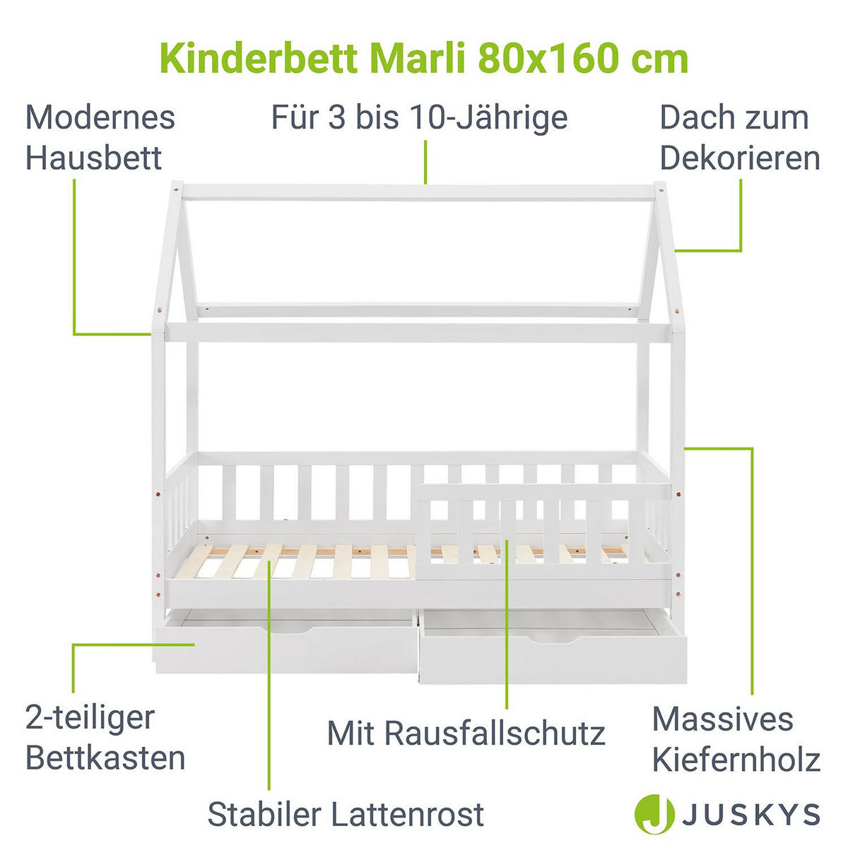 KINDERBETT Marli weiß 80x160 cm mit Bettkasten und Matratze - Weiß, Holz (80/160cm) - Juskys