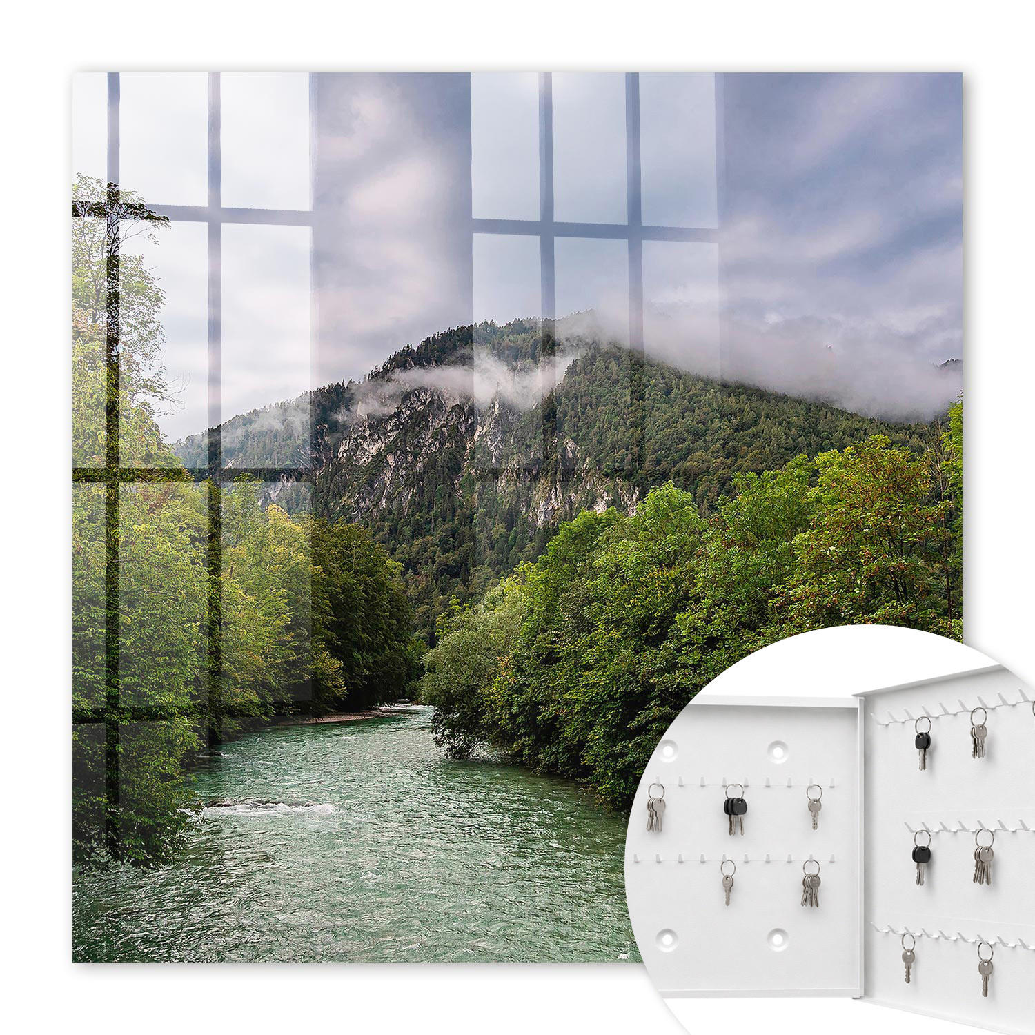 SCHLÜSSELBOX Weiß 30x30 cm – Türöffnung nach rechts - Berglandschaft - Grün, Metall (30/30/5cm) - TULUP