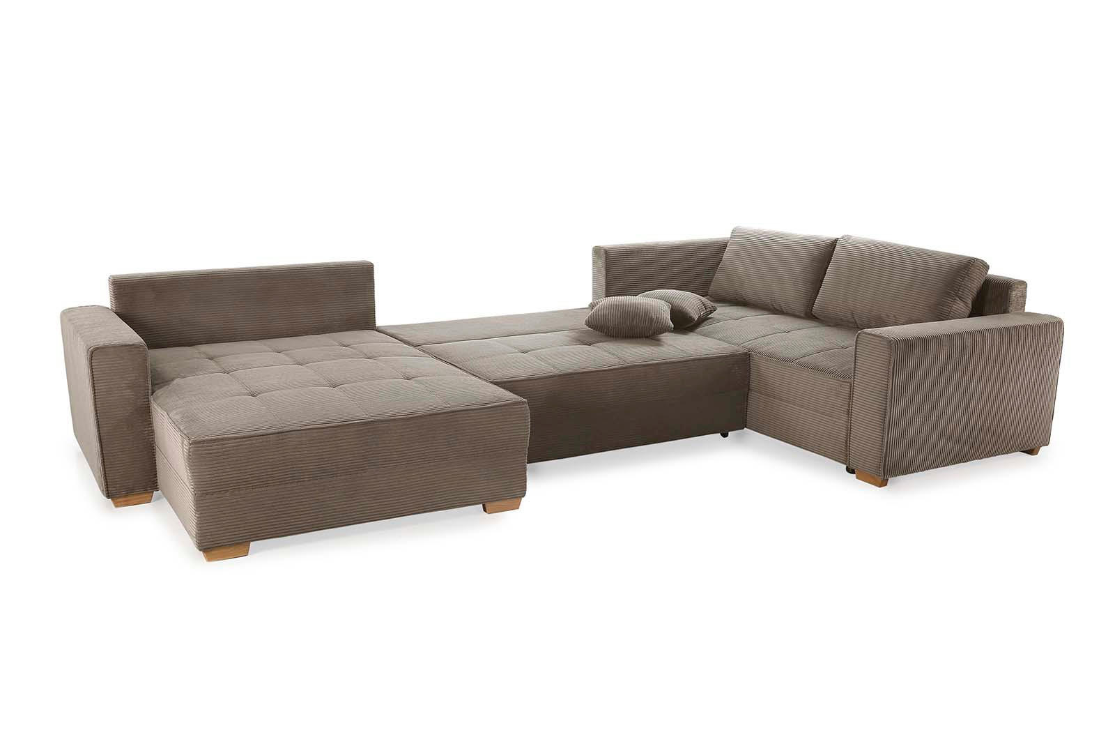WOHNLANDSCHAFT Schlaffunktion Bettkasten Wellenunterfederung, spiegelverkehrt montierbar U-Form B379/T227/H86 cm, Cord Braun Taupe / 15197 - Taupe/Eichefarben, Holz/Textil (379/86/227cm) - luma-home