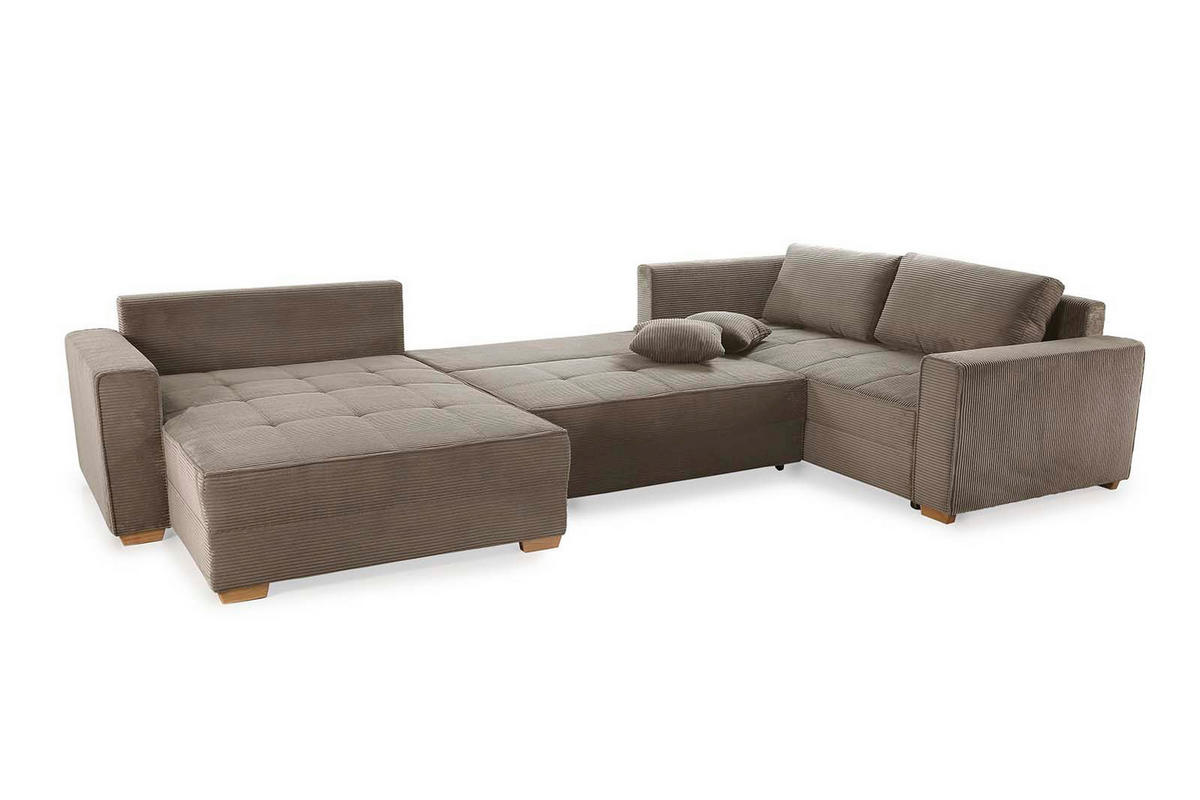 WOHNLANDSCHAFT Schlaffunktion Bettkasten Wellenunterfederung, spiegelverkehrt montierbar U-Form B379/T227/H86 cm, Cord Braun Taupe / 15197 - Taupe/Eichefarben, Holz/Textil (379/86/227cm) - luma-home