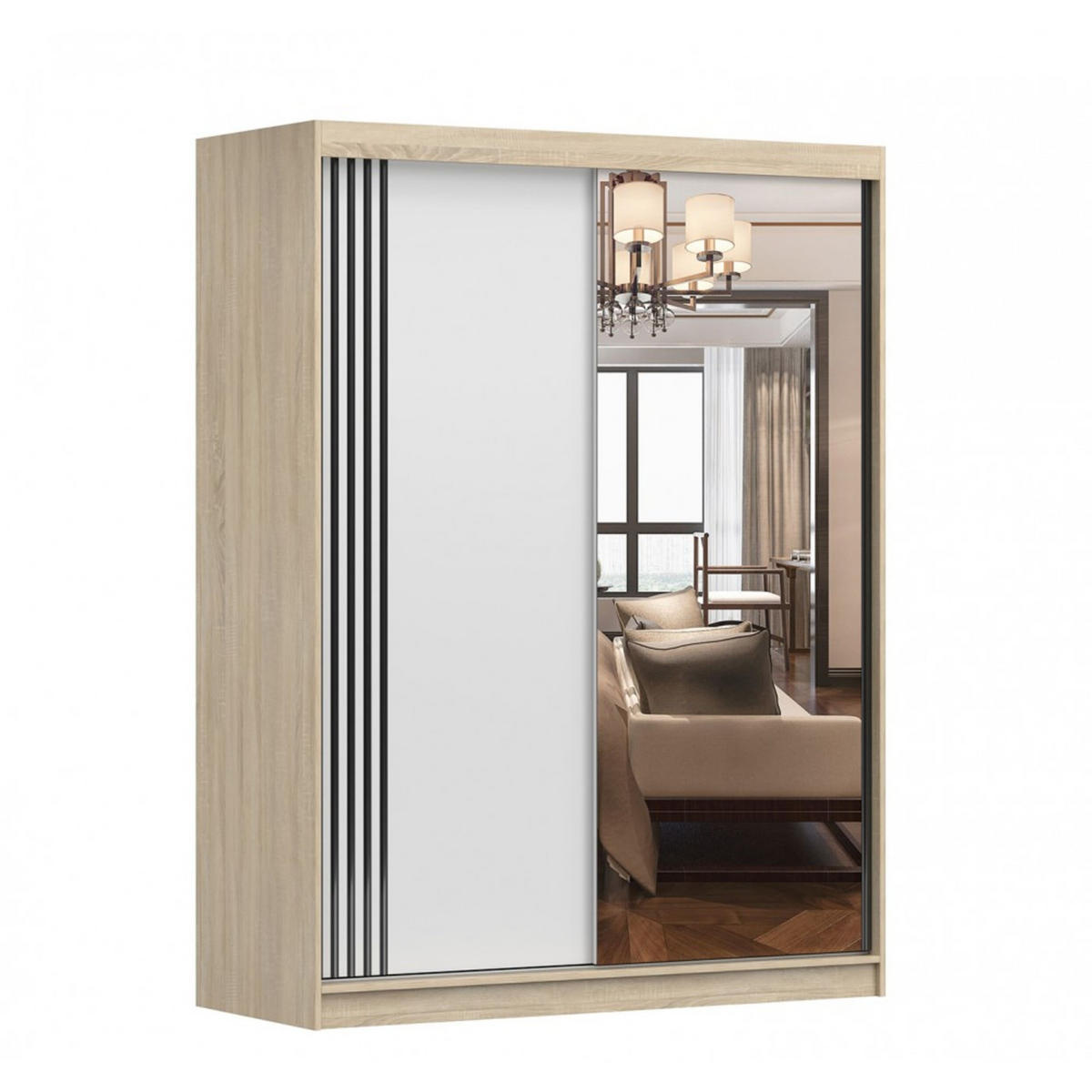 SCHIEBETÜRENSCHRANK - Lara 07 (Sonoma + Weiß) - Weiß/Sonoma Eiche, Holzwerkstoff/Metall (150/200/61cm) - Möblo