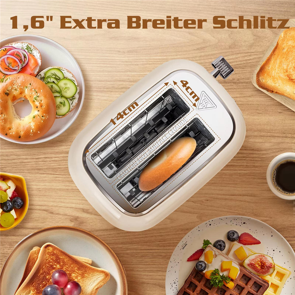 TOASTER 2 Scheiben 6 Stufen Liftfunktion 800W Edelstahl - Beige, Metall (15.5/18/24cm) - Kaket