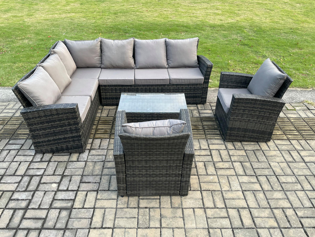 BALKONMÖBEL-SETS mit Ecksofa,Länglicher Couchtisch,2 große Fußhocker,Stuhl Polyrattan Dunkelgrau 8-Sitzer - Dunkelgrau/Grau, Glas/Kunststoff - Fimous