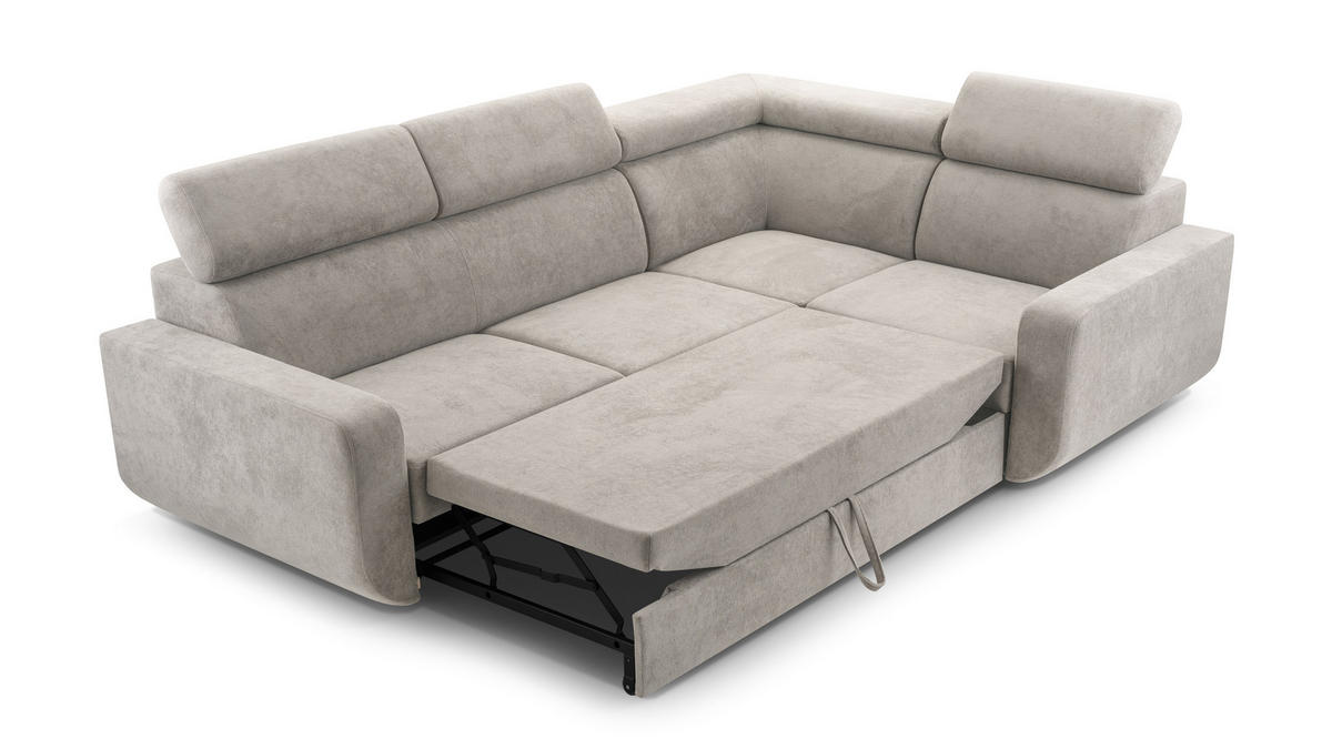 ECKSOFA RENO Beige Plüsch-Stoff mit Schlaffunktion - Beige, Holz (263/184cm) - MASSENO
