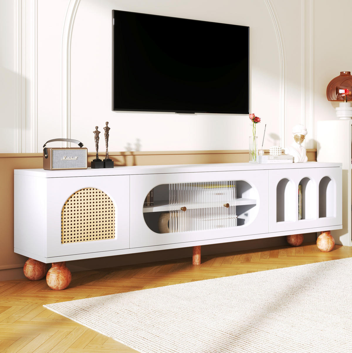 TV-LOWBOARD 170/47/37 cm mit Glasschiebetür und Soft-Close - Weiß, Holzwerkstoff (170/37/47cm) - BEAOK