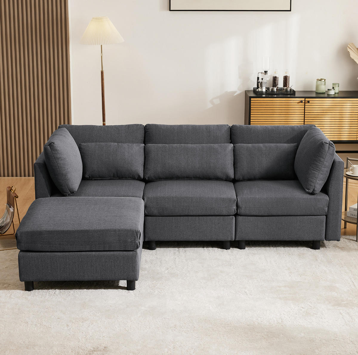 ECKSOFA Leinenstoff mit Fußhocker und Rücken Armlehnenkissen 220/83/81 cm Grau - Grau, Textil (81/83cm) - Redom