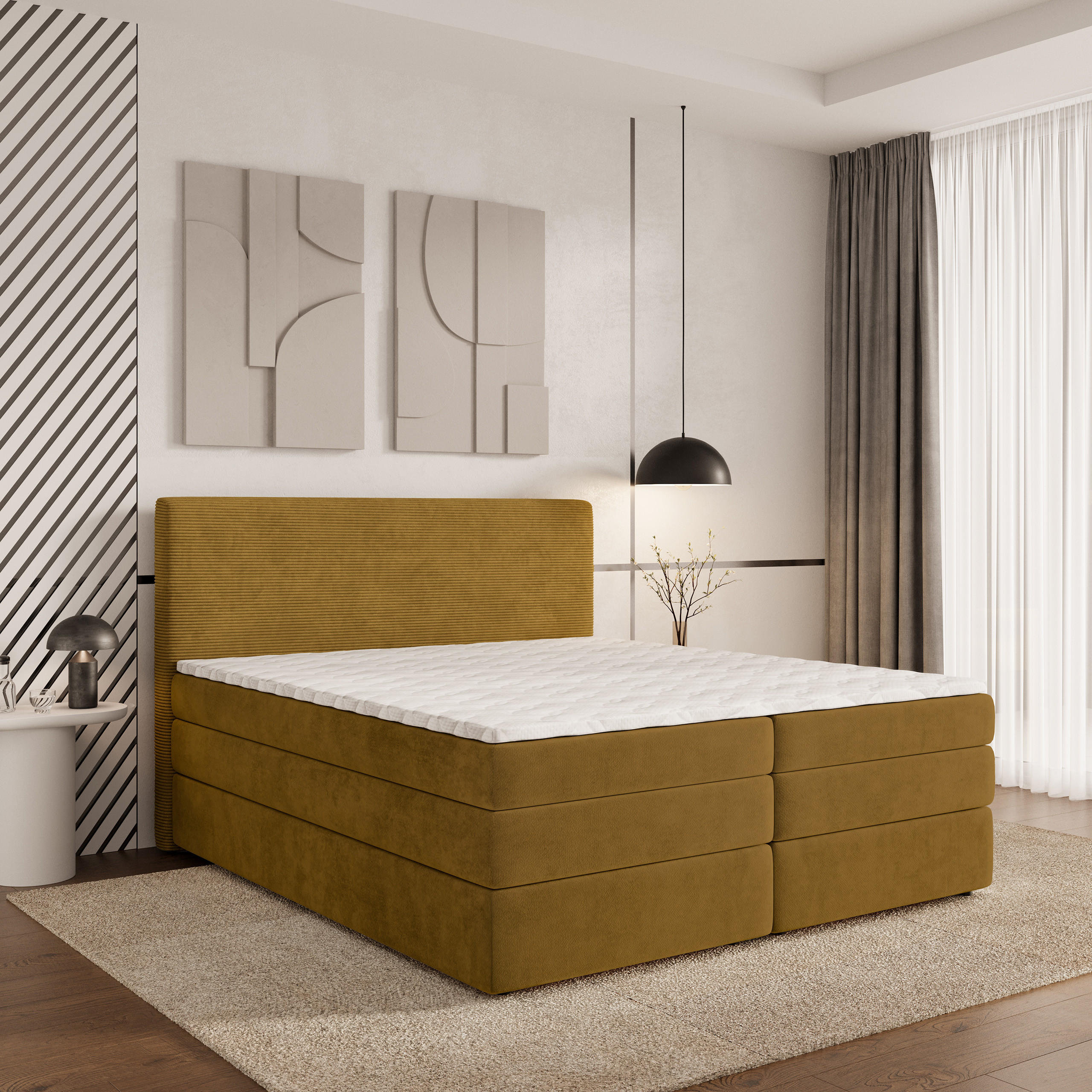 BOXSPRINGBETT MATERN 140x200 cm mit Matratze und Topper - Gelb - Gelb, Holz (140/200cm) - MASSENO