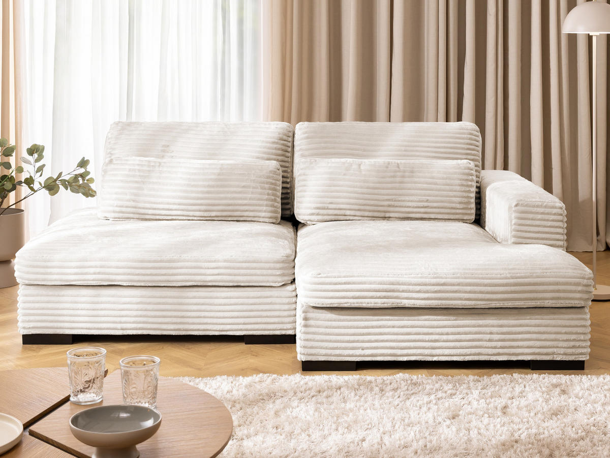 ECKSOFA Wolke mit tiefer Sitzfläche, Schlaffunktion und praktischem Bettkasten aus weichem Creme Cordstoff - Creme/Schwarz, Holz/Kunststoff (225/162cm) - S-Style