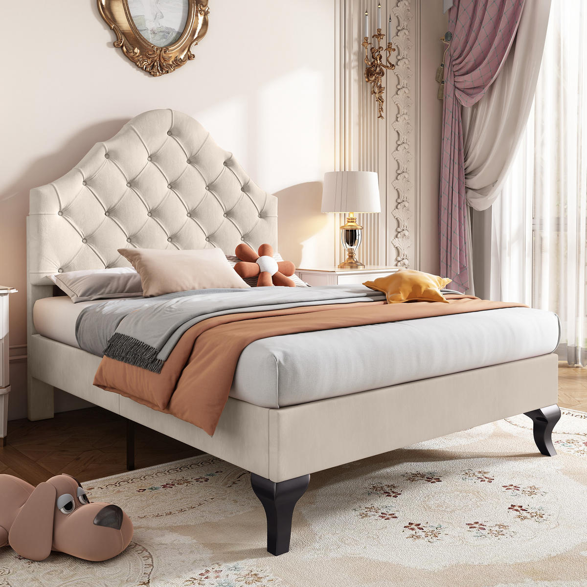 POLSTERBETT 90/200 cm Beige mit höhenverstellbarem Kopfteil und Lattenrost - Beige, Textil (90/200cm) - OKWISH