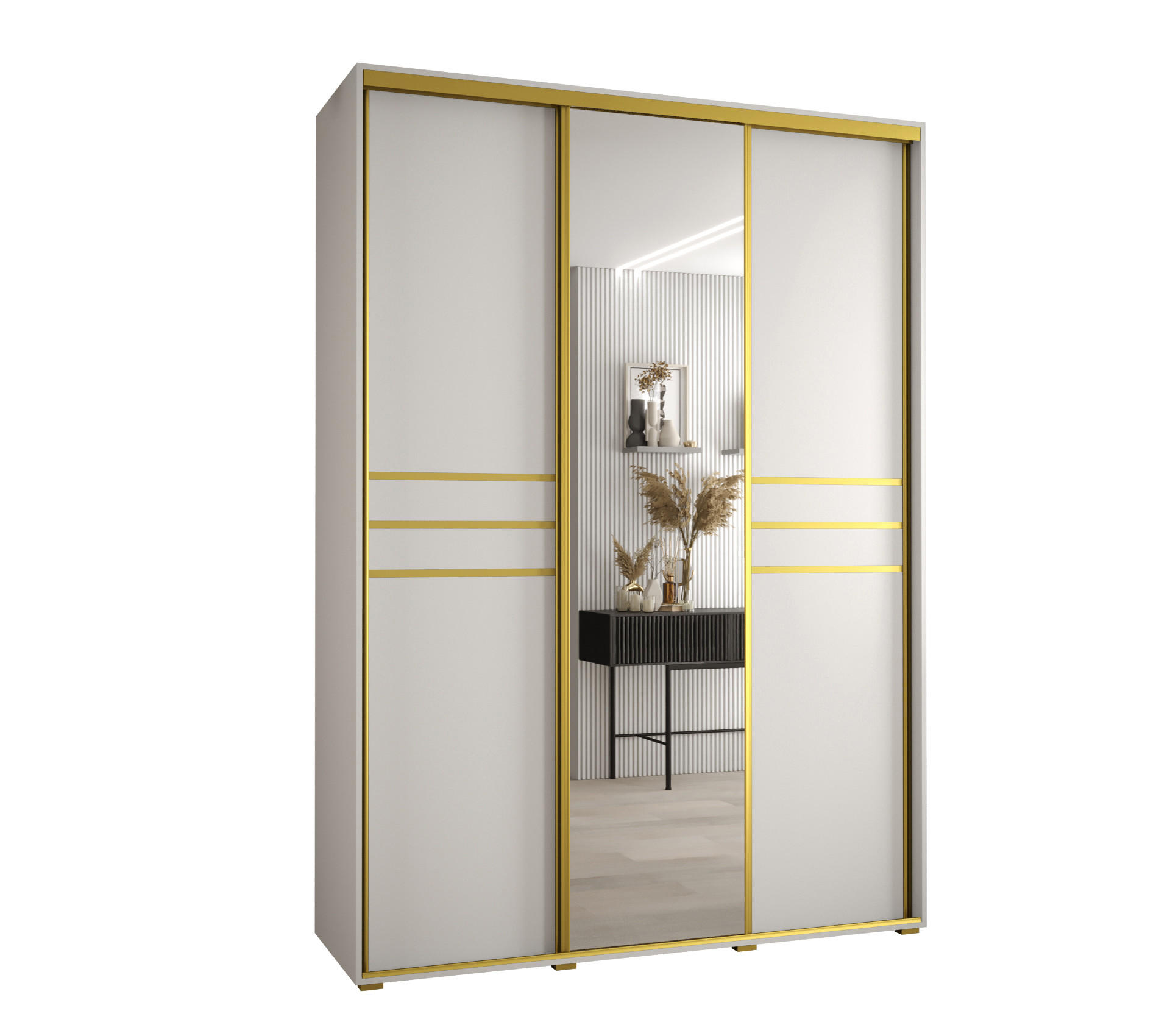 Abiks Möbel Schwebetürenschrank Weiß, Weiß, Gold 180x235x45 cm