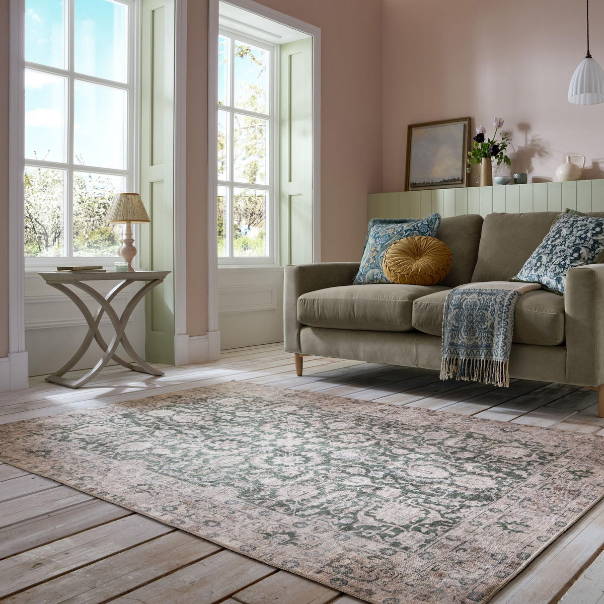 TEPPICH waschbar Vintage Floral Muster, Orientalisch, Esszimmer schmutzabweisend Grün Rechteckig 190x290 - Grün, Textil (190/290cm) - KADIMA DESIGN