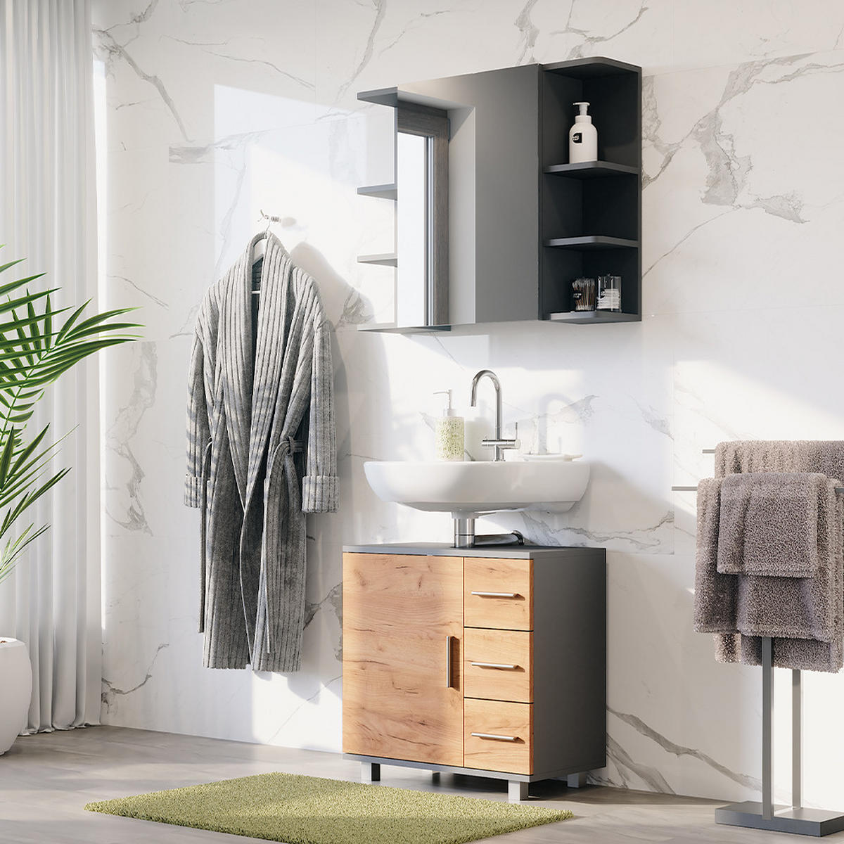WASCHBECKENUNTERSCHRANK Ilias Anthrazit/Goldkraft Eiche 2 Teile - Honigeiche/Anthrazit, Holzwerkstoff (60.2/60.8/33cm) - Vicco