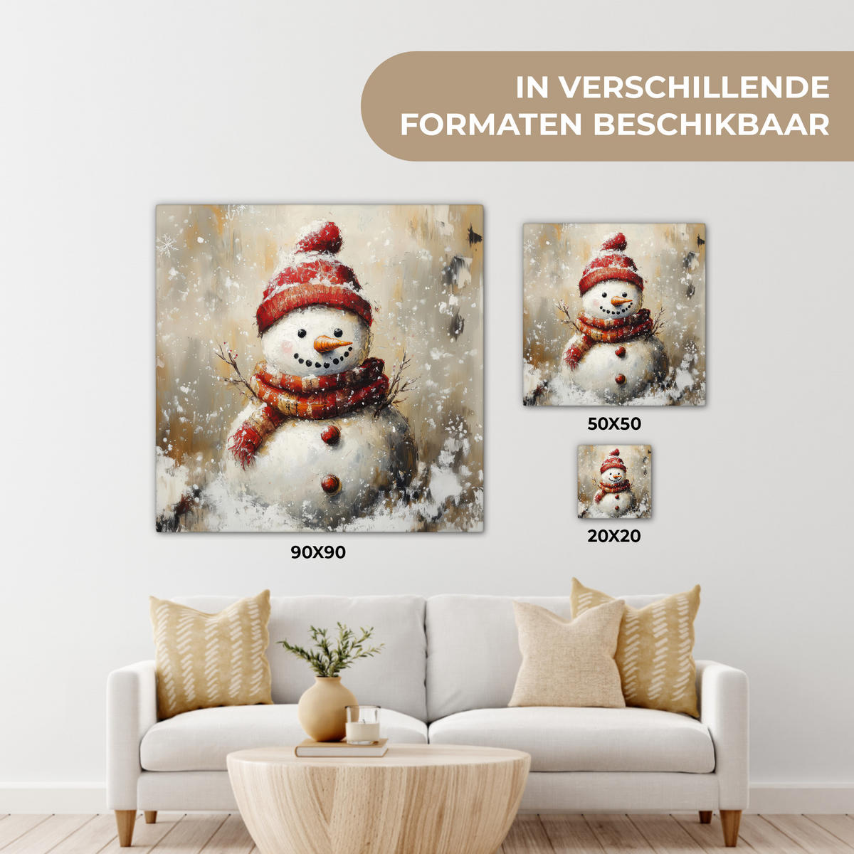 LEINWANDBILD Schneemann - Winter - Schnee - Beige Deko Wohnzimmer 20x20 cm - Weiß, Textil (20/20cm) - MuchoWow