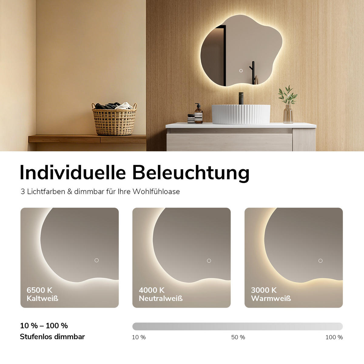 BADSPIEGEL asymmetrisch mit LED-Beleuchtung, Antibeschlag 50/45/3 cm - Transparent, Glas (50/45/2.9cm) - EMKE