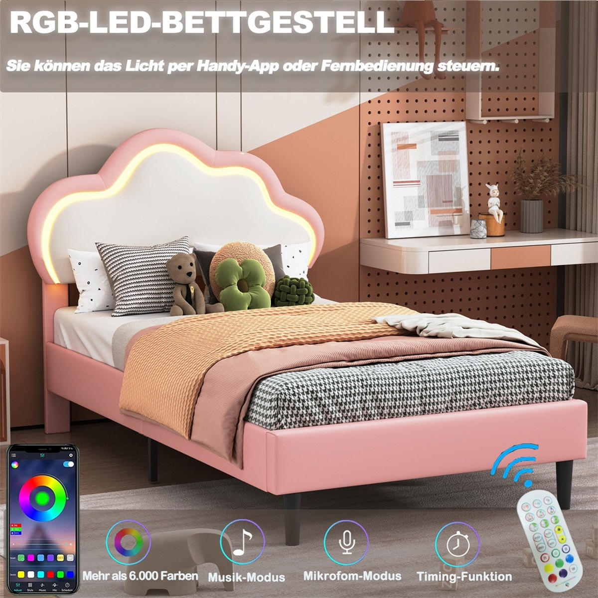 KINDERBETT 90 x 200 cm - höhenverstellbares Kopfteil im Wolken-Design mit LED - ohne Matratze - Weiß und Rosa - Pink, Textil (90/200cm) - DELFA